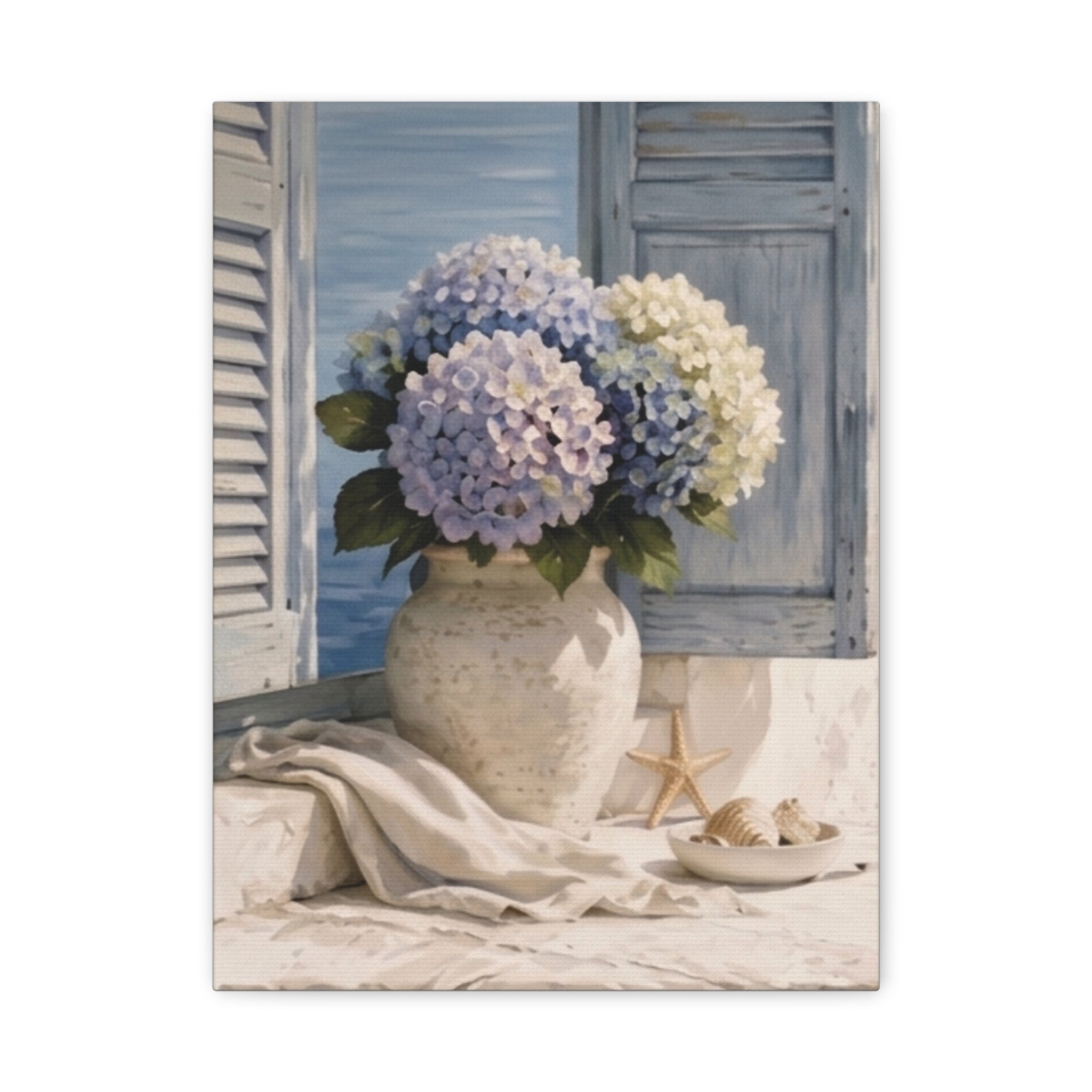 Coastal Hydrangea Canvas Wall Art, Blue Flowers by the Window Print, Mediterranean Seaside Decor, Botanical Living Room Art, Solen