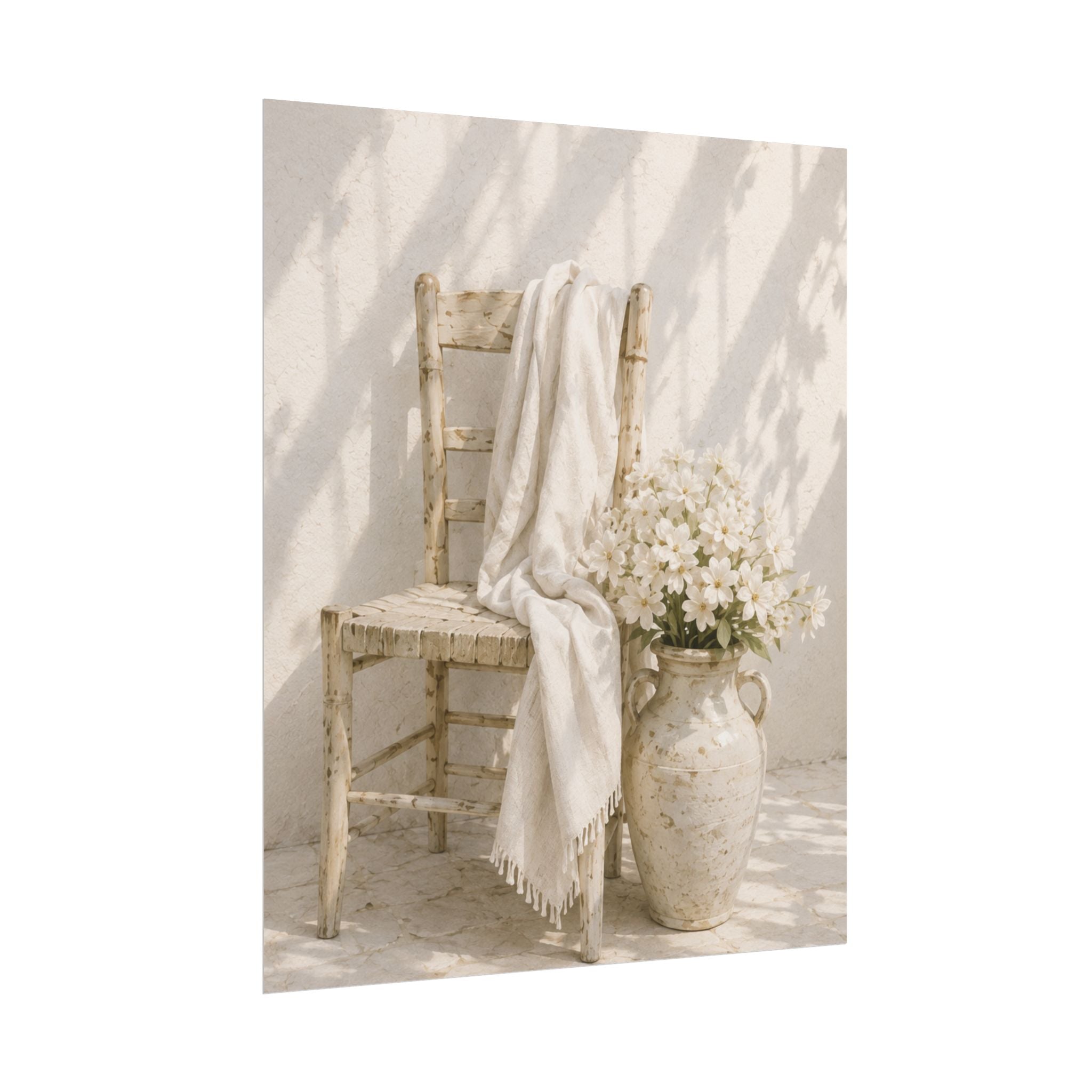 Mediterranean Poster, Neutral Coastal Wall Art, Rustic Chair & White Flowers Print, Minimalist Mediterranean Home Decor, Solen
