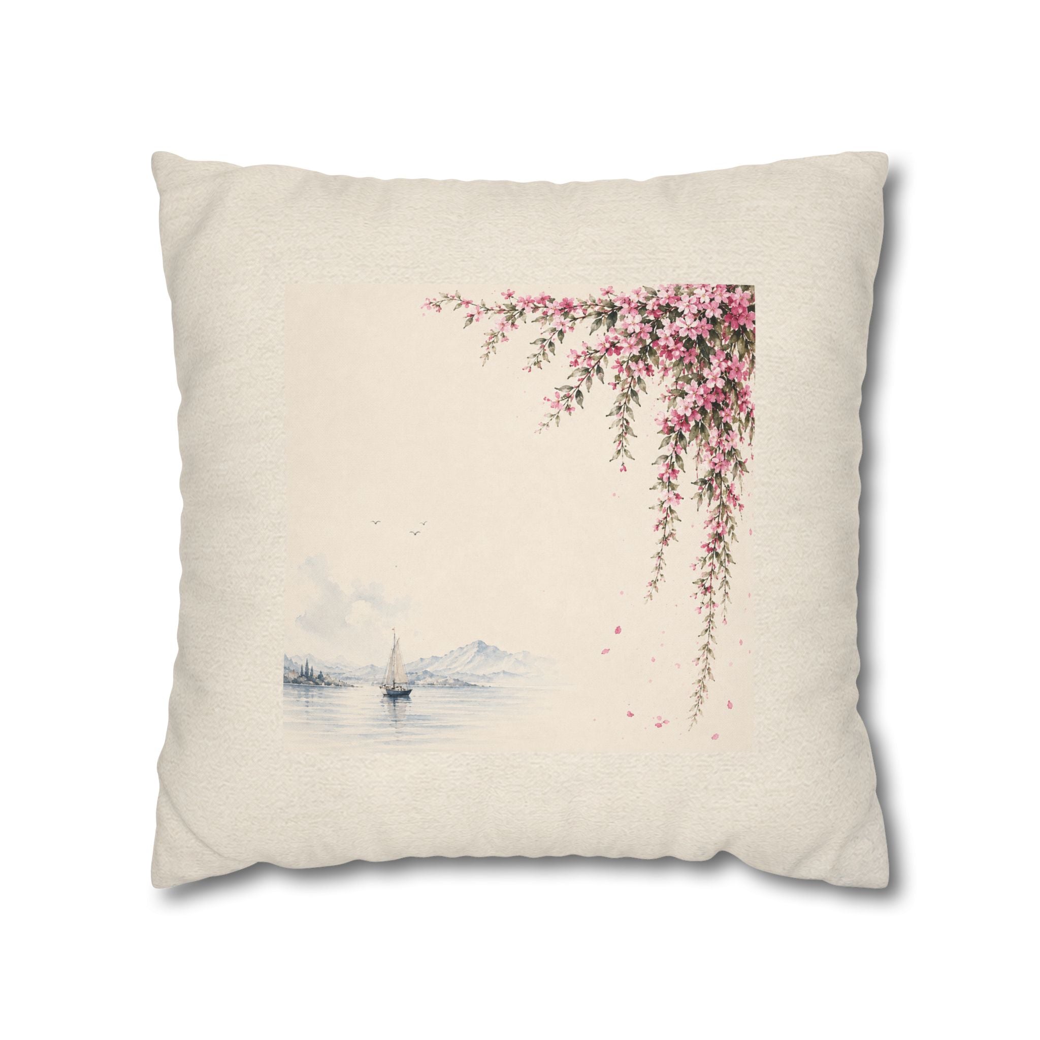 Watercolor Cherry Blossom Branch Throw Pillow Cover, Japanese Sakura Sailboat Cushion, Zen Minimalist Home Decor, Square Pillow, Solen