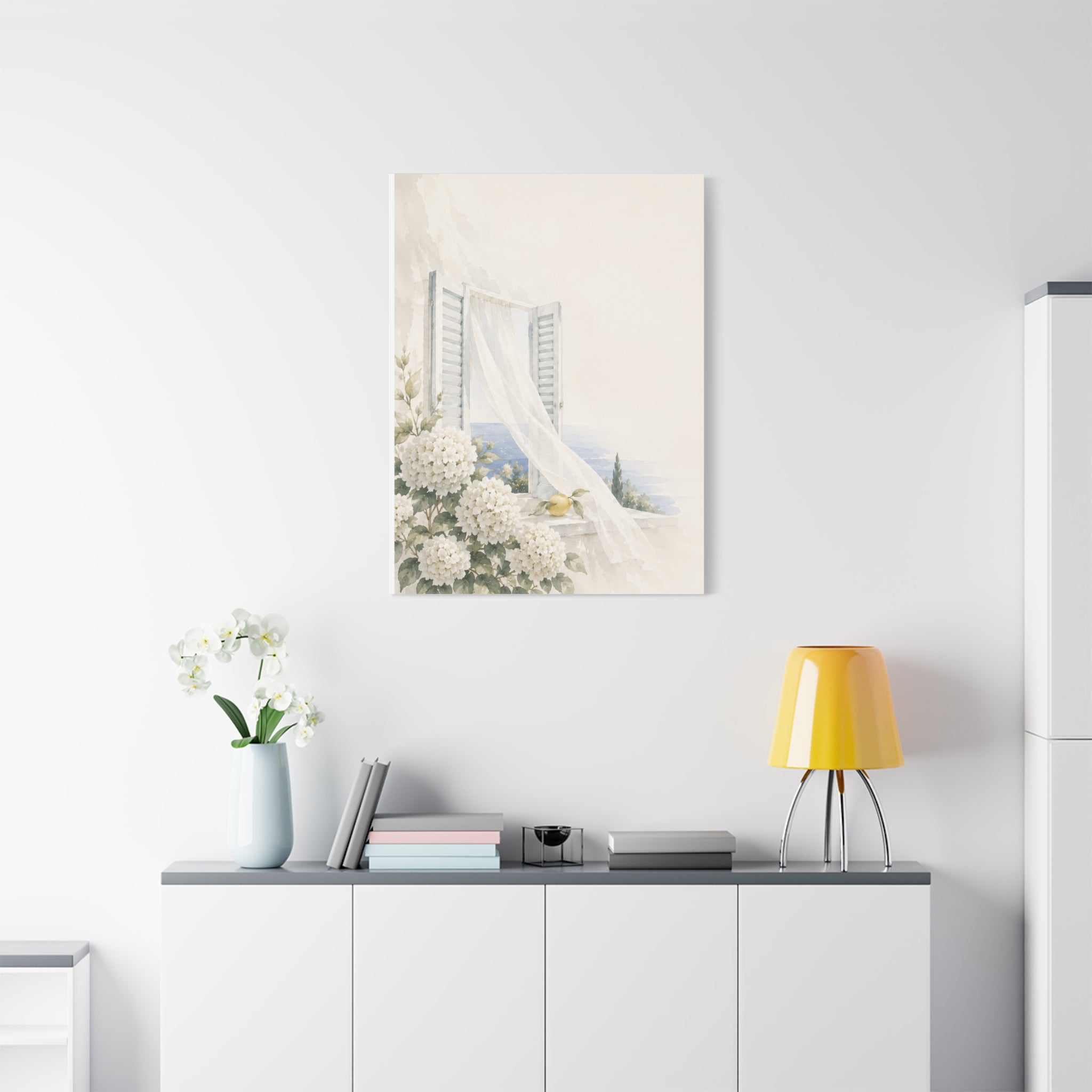 Open Shutters Coastal Window Canvas Wall Art, White Summer Sea View Print, Mediterranean Balcony Decor, Airy Beach Art, Solen
