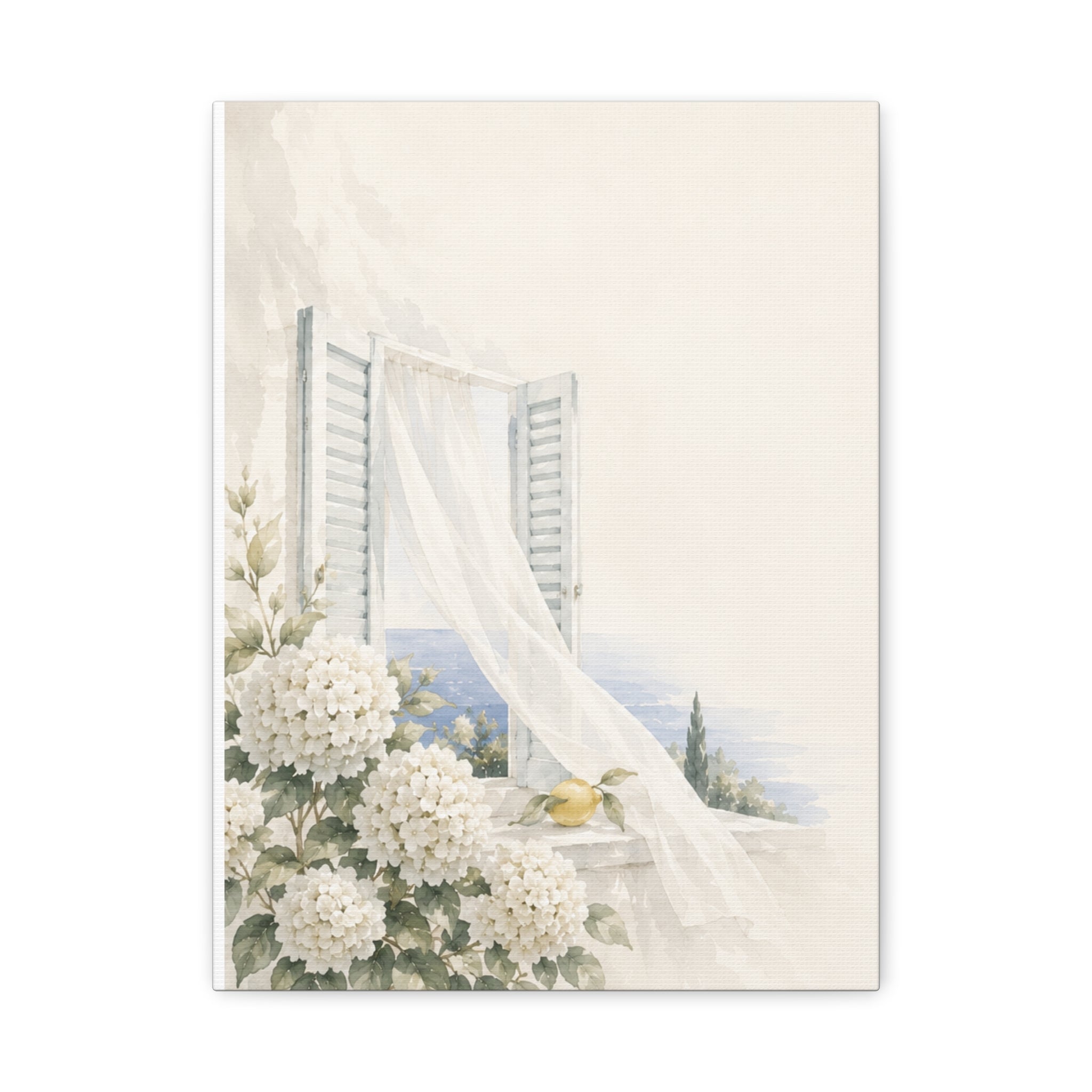 Open Shutters Coastal Window Canvas Wall Art, White Summer Sea View Print, Mediterranean Balcony Decor, Airy Beach Art, Solen