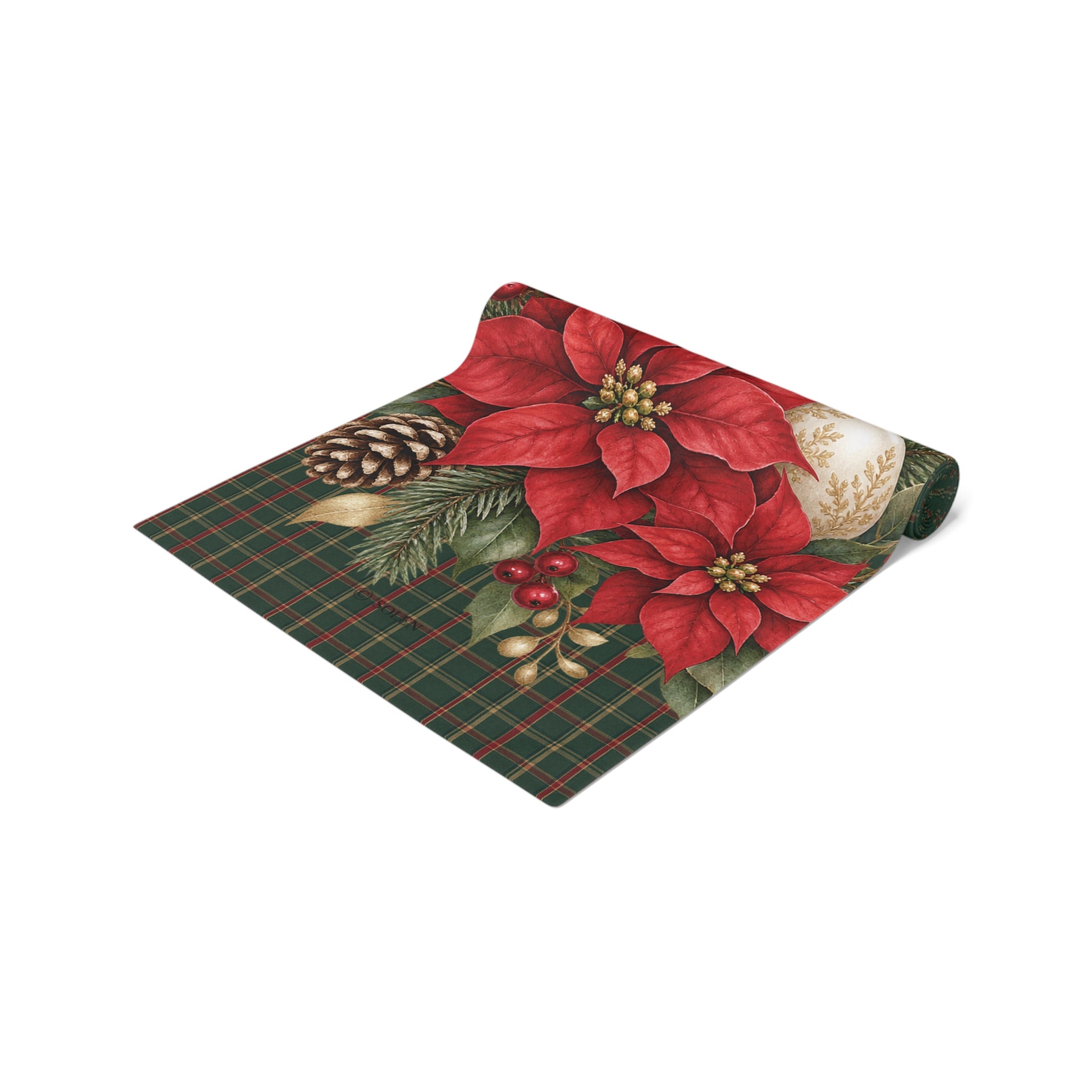 Christmas Poinsettia Plaid Table Runner