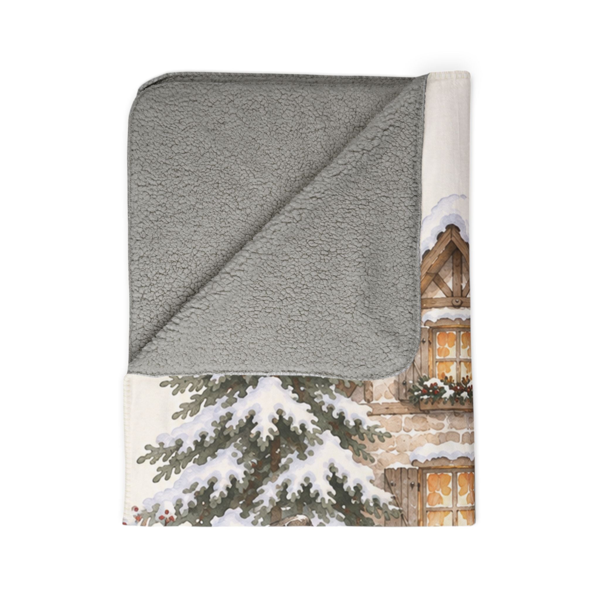 Snowy Cottage Sherpa Blanket — Cozy Christmas Cabin Throw with Snowman