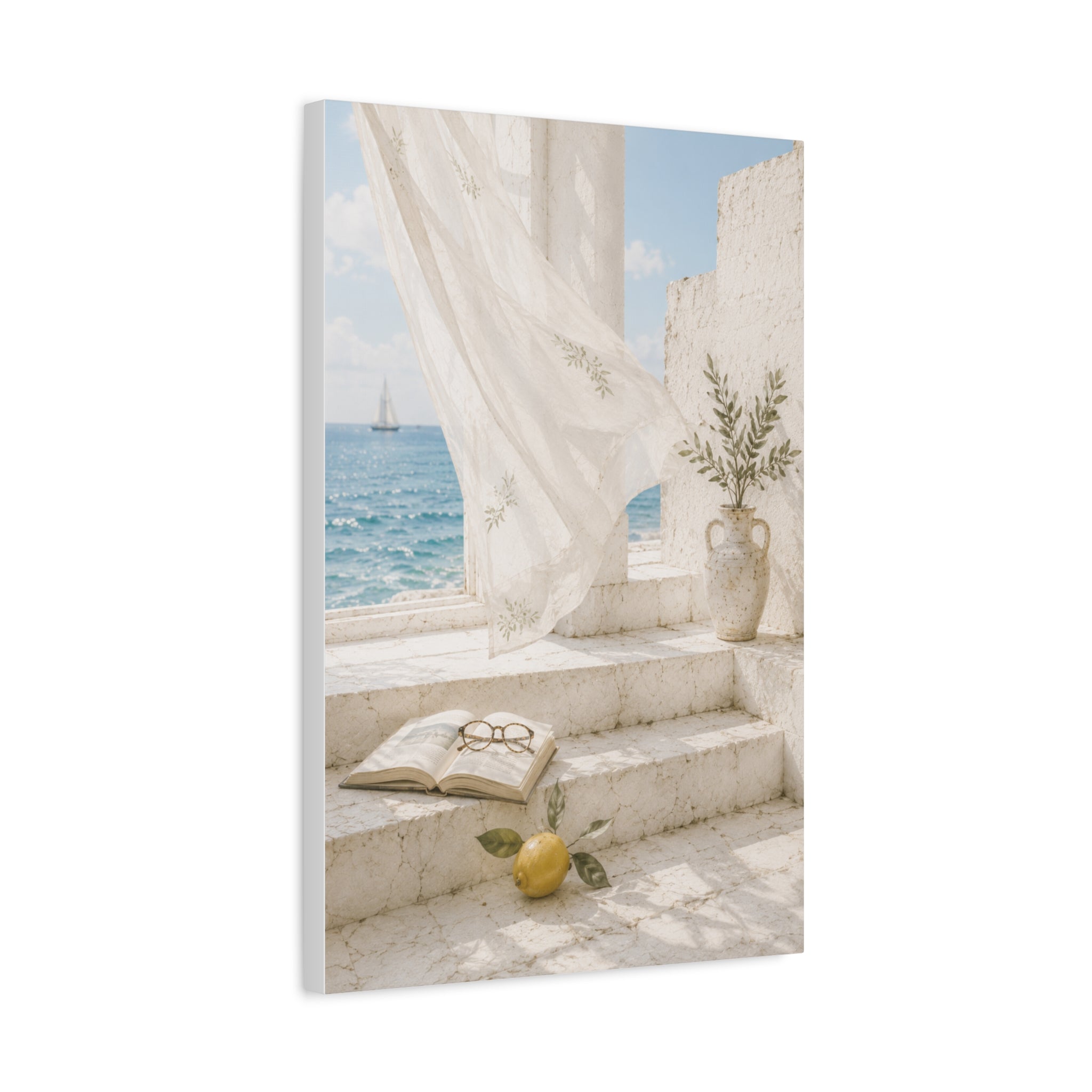 Mediterranean Coastal Wall Art, Seaside Summer Print, Blue Ocean & Lemon Art, Mediterranean Home Decor, Coastal Wall Decor, Solen