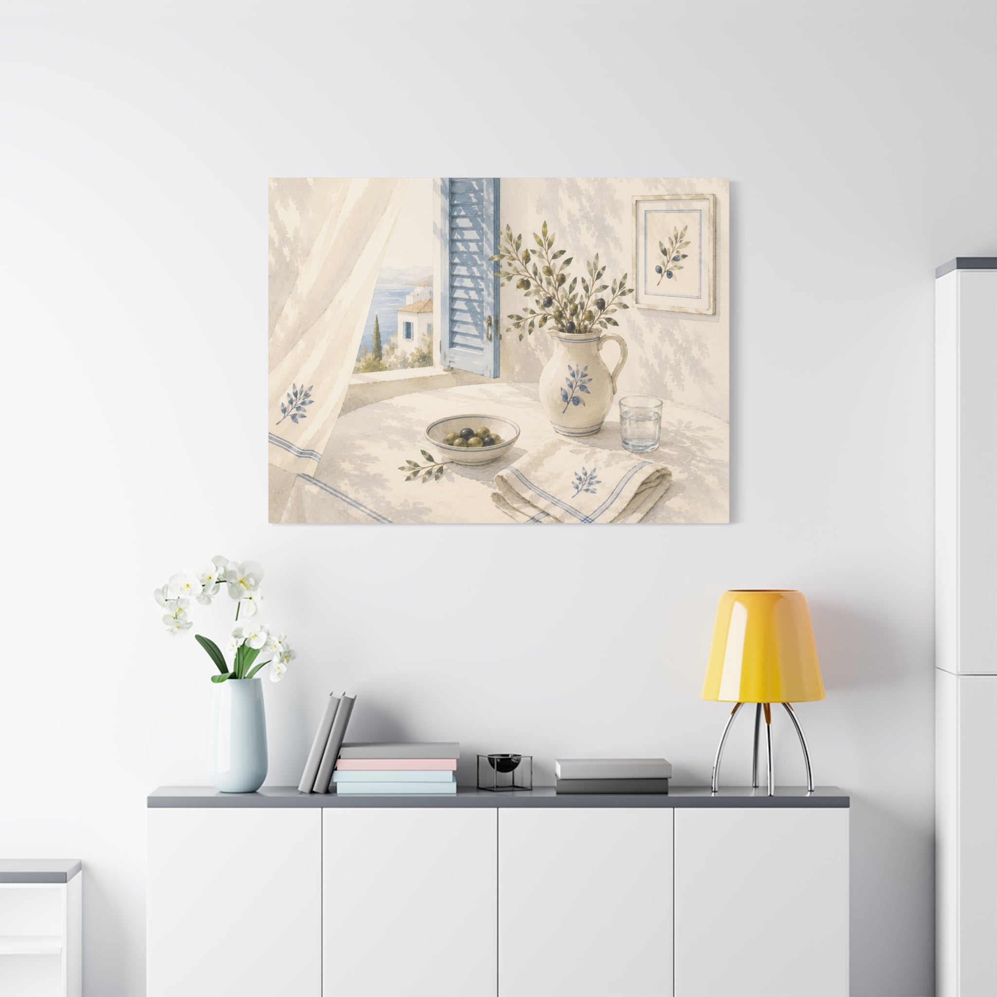 Mediterranean Window Canvas Wall Art, Blue Shutters & Olive Branch Print, Coastal Ceramic Still Life Decor, Window Stories, Solen
