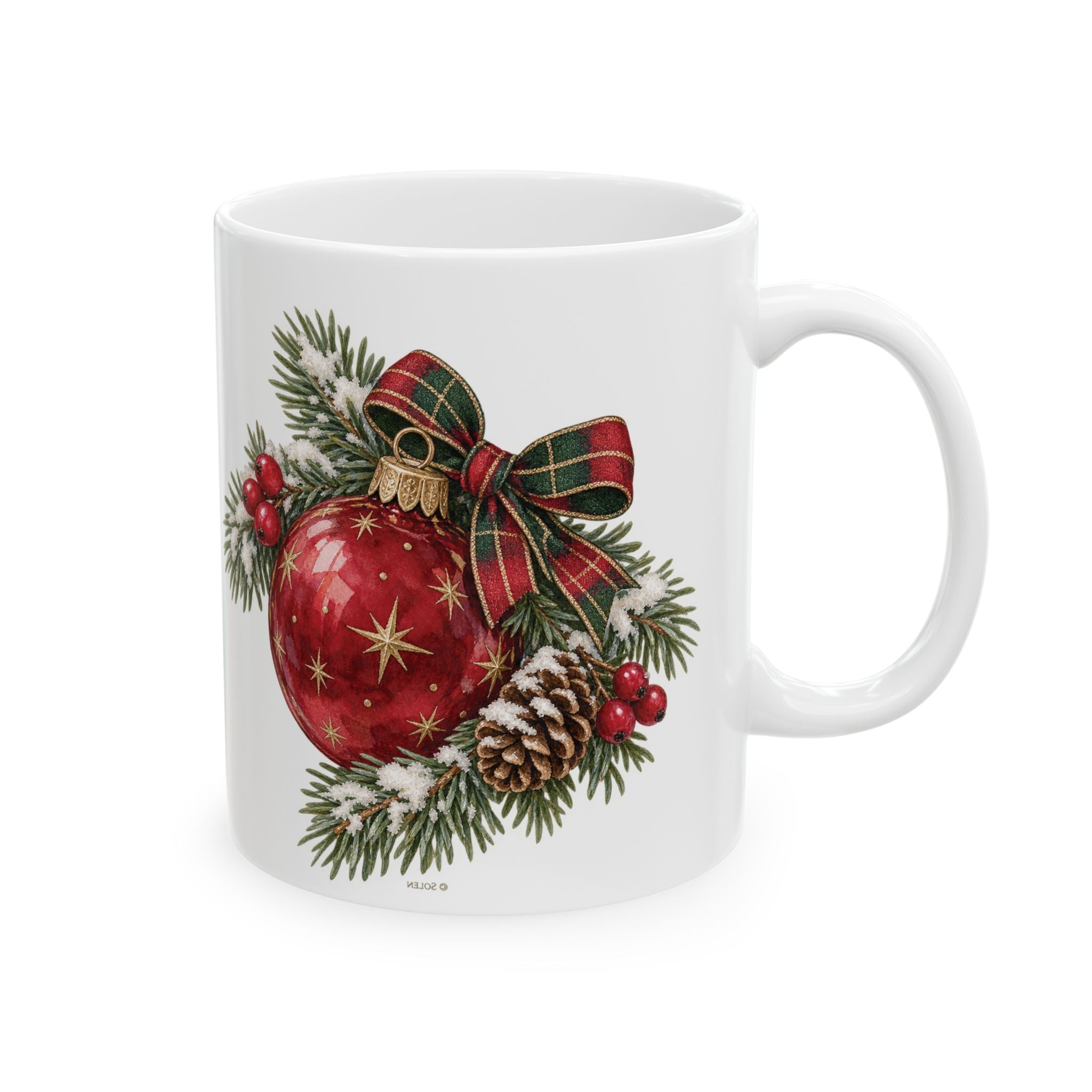 Christmas Ornament Ceramic Mug — Festive Red Bauble & Pine Holiday Coffee Cup (11oz, 15oz)