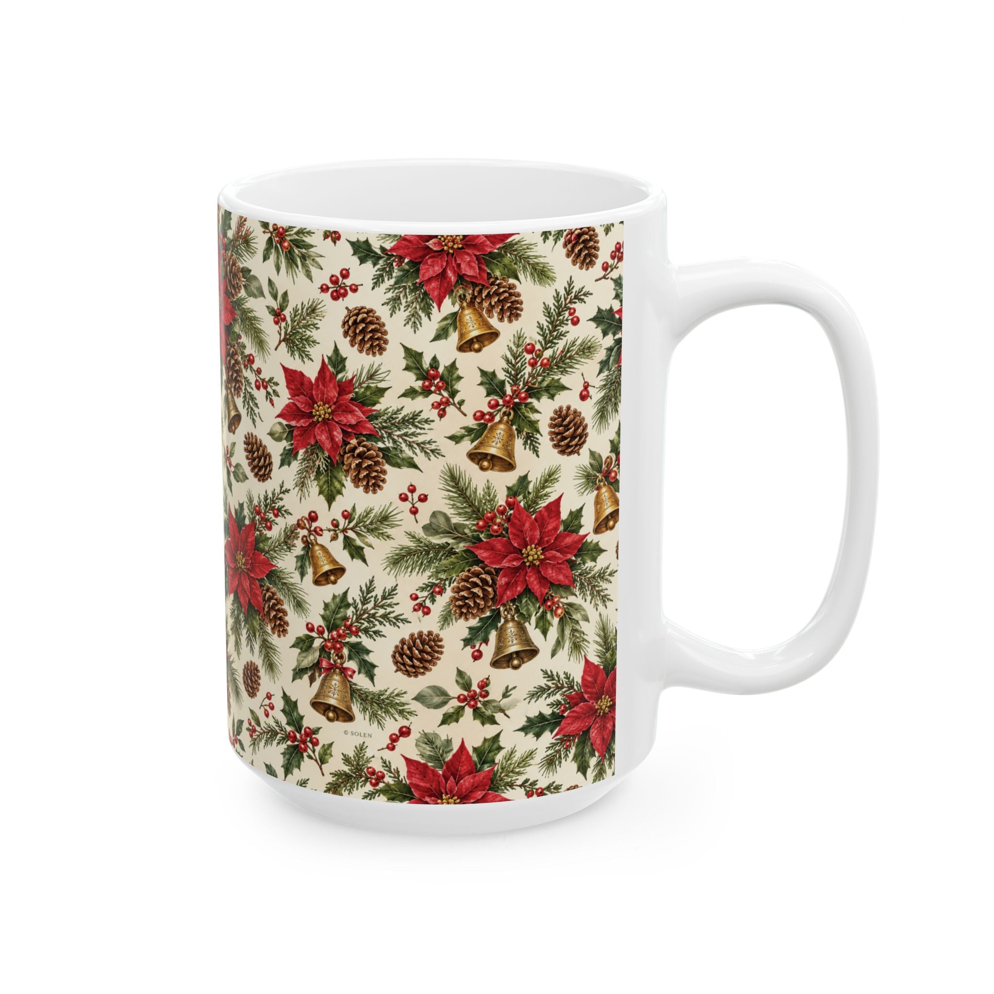 Poinsettia & Pinecone Christmas Mug – Festive Holiday Ceramic Coffee Cup (11oz, 15oz)
