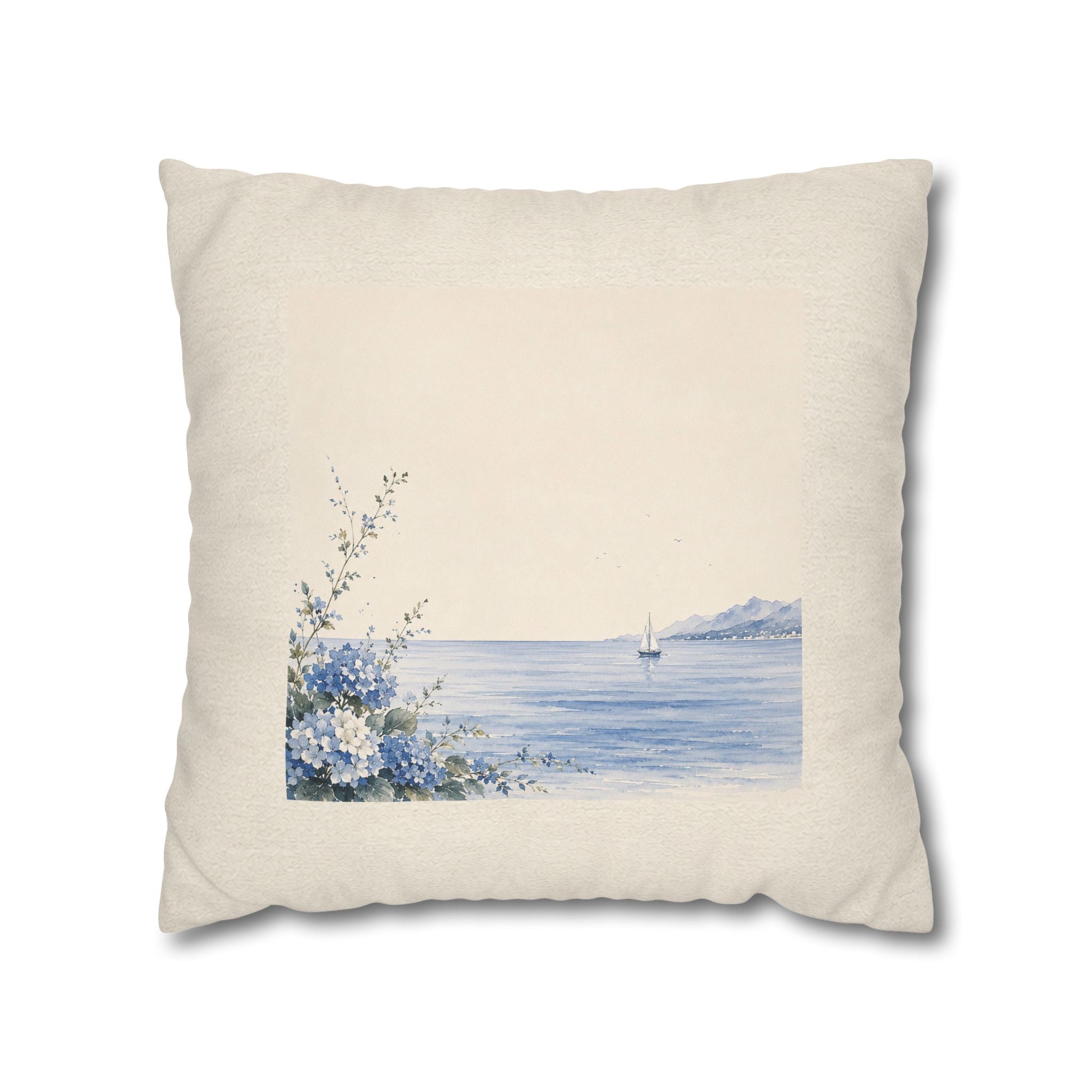 Coastal Watercolor Pillowcase — Blue Seaside Sailboat Decorative Pillow - Solen
