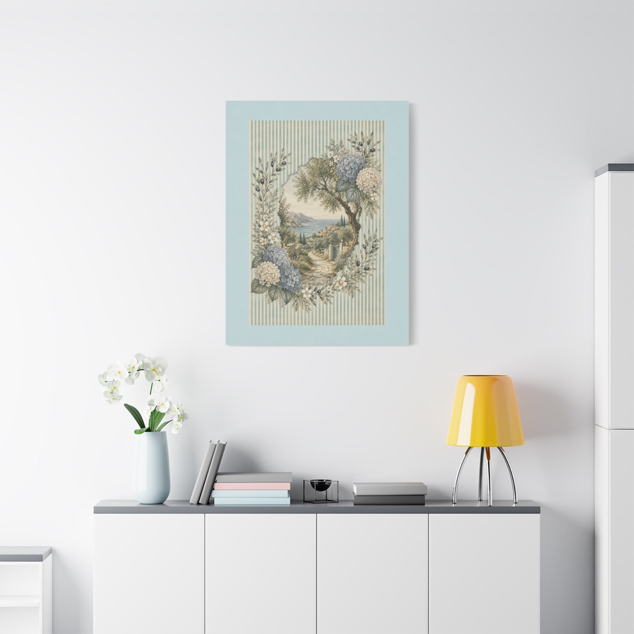Coastal Garden Canvas Wall Art, Vintage Hydrangea Seaside Landscape Print, Blue Flower Coastal Decor, Cottage Wall Art, Solen