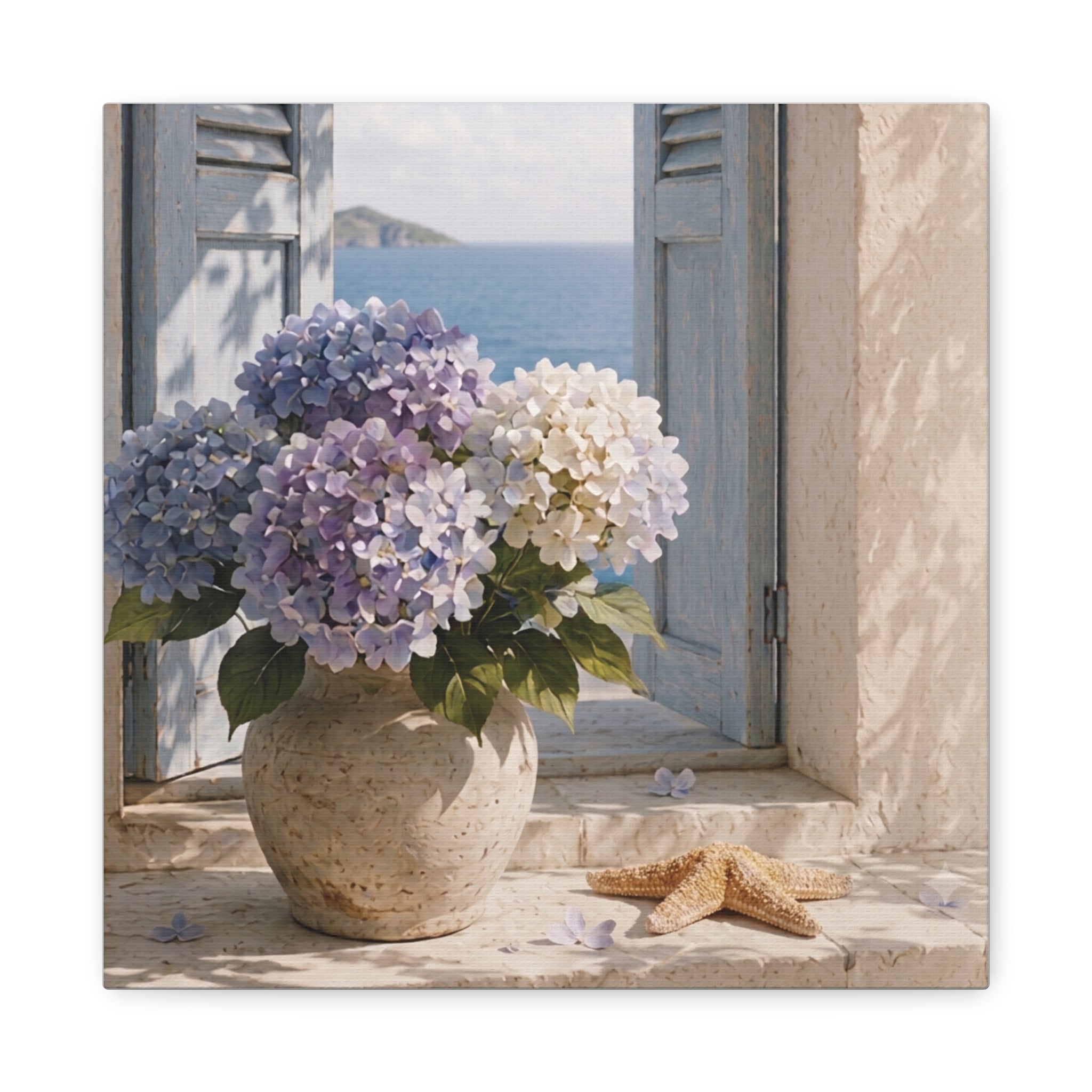Hydrangea Seaside Canvas Art, Blue Hydrangea Coastal Wall Art, Solen