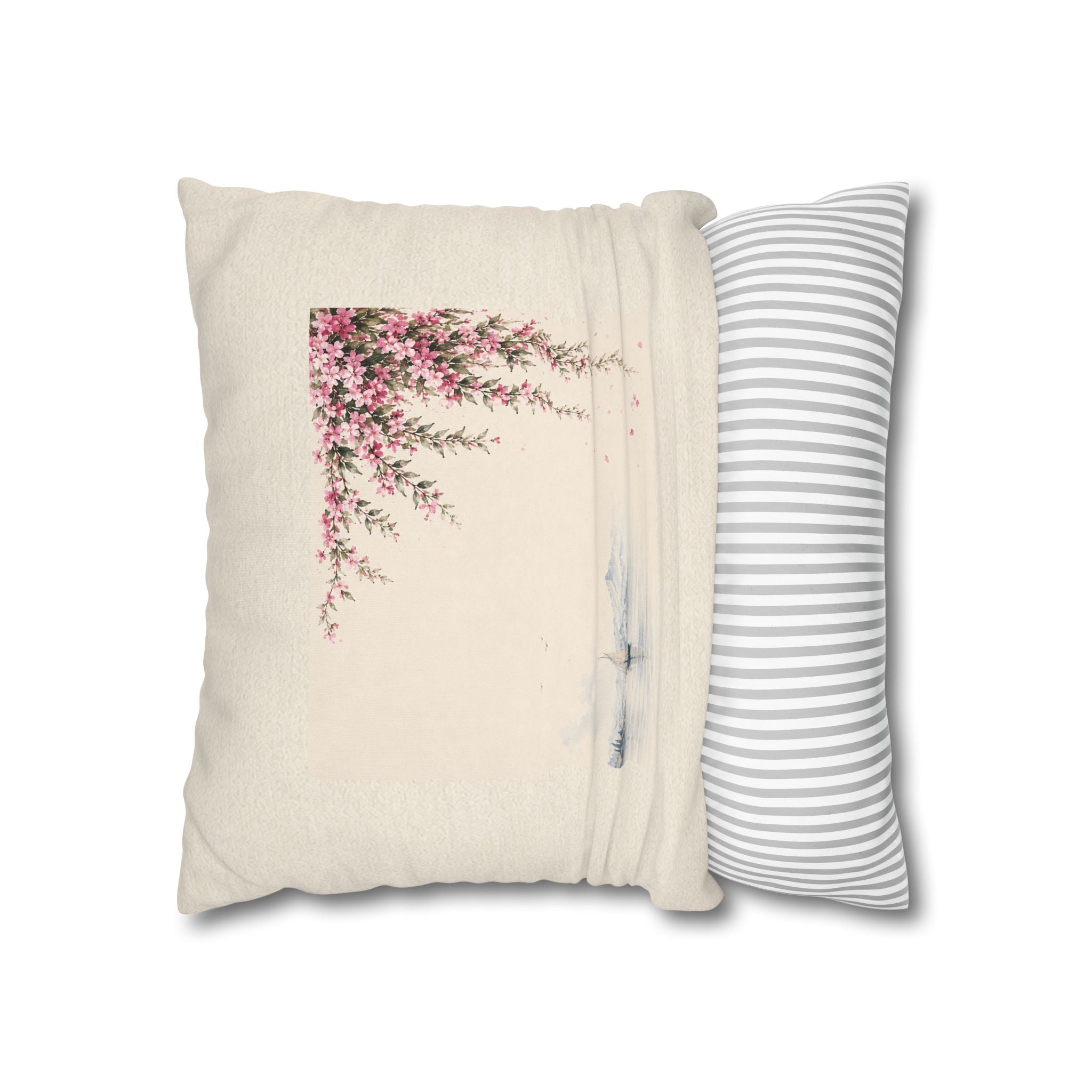 Watercolor Cherry Blossom Branch Throw Pillow Cover, Japanese Sakura Sailboat Cushion, Zen Minimalist Home Decor, Square Pillow, Solen