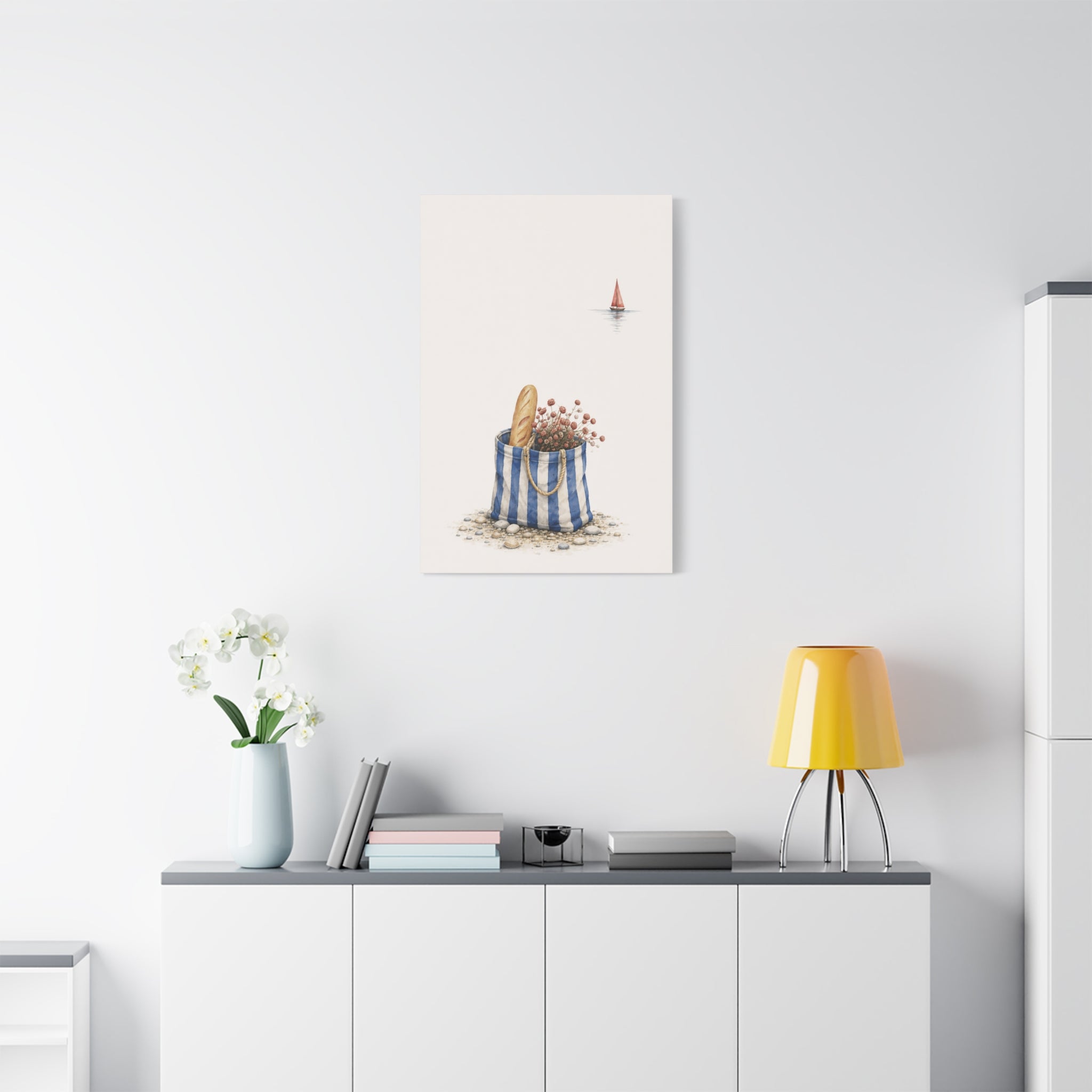 Market Bag by the Sea Canvas Print – Blue & Salt Mediterranean Kitchen Wall Art | Solen
