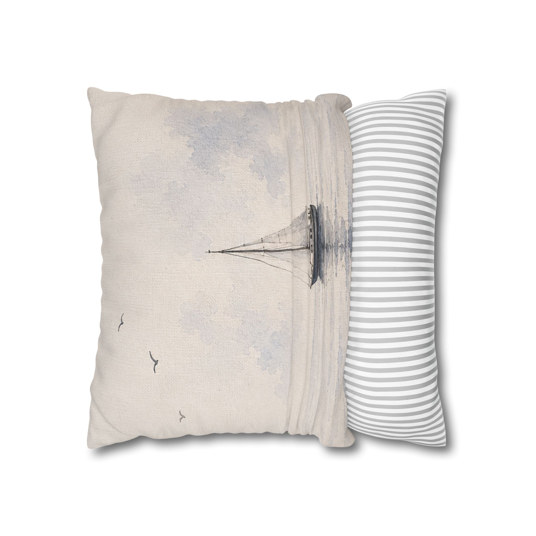 Watercolor Sailboat Throw Pillow Cover, Misty Blue Coastal Nautical Cushion, Muted Sailing Scene Home Decor, Square Pillow, Solen