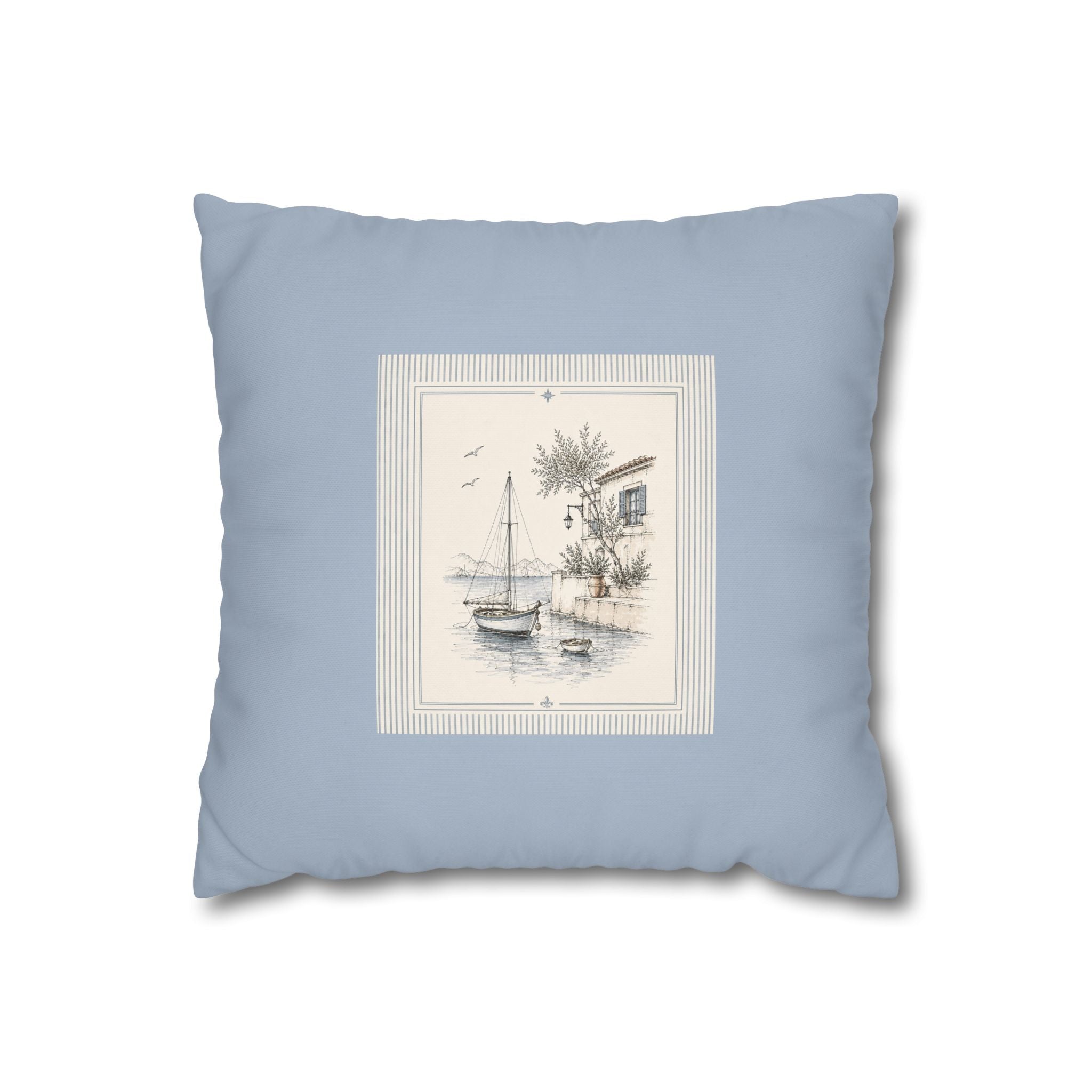 Coastal Sailboat Square Pillowcase, Blue Nautical Harbor Print Cushion, Beach House Sofa Decor, Square Throw Pillow, Solen