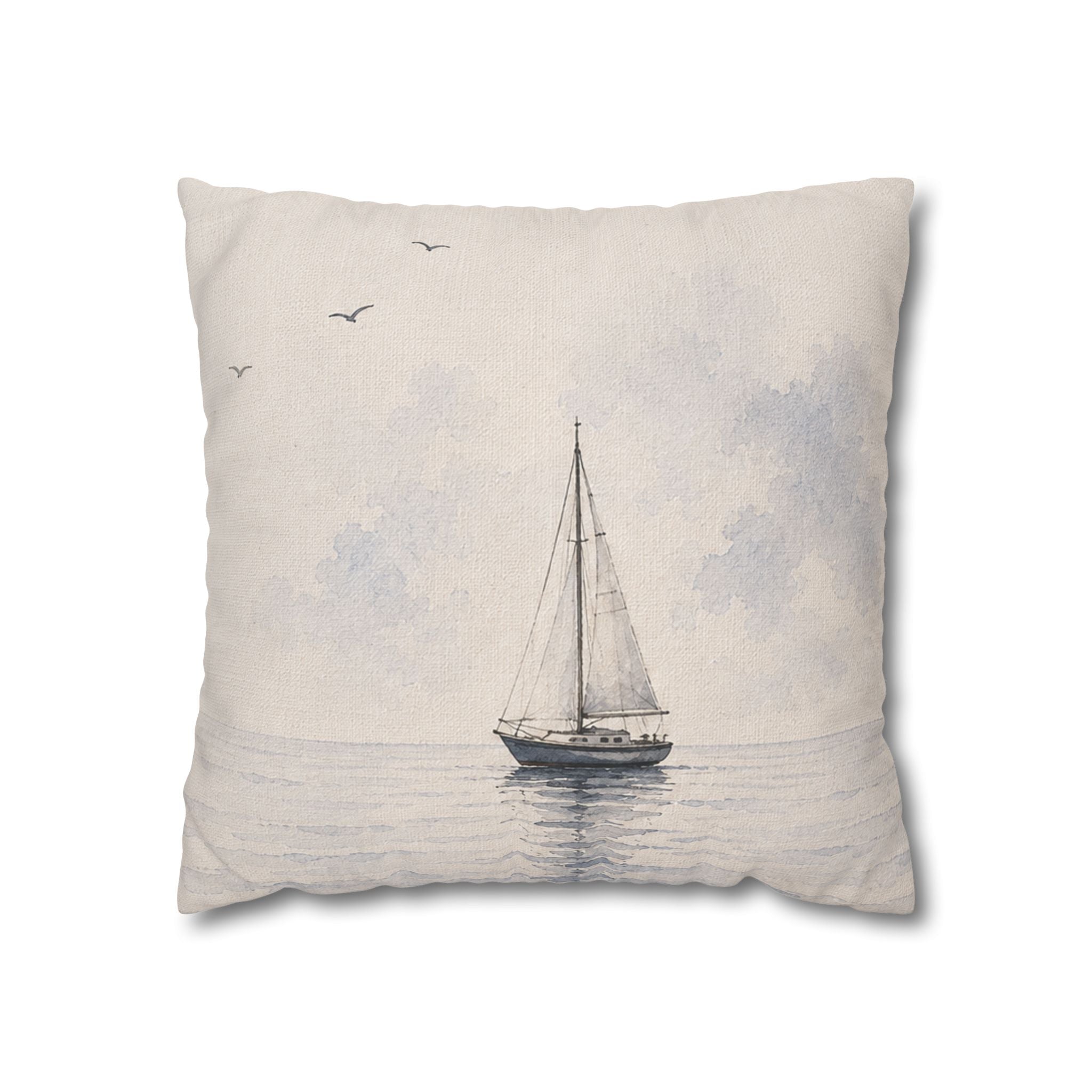 Watercolor Sailboat Throw Pillow Cover, Misty Blue Coastal Nautical Cushion, Muted Sailing Scene Home Decor, Square Pillow, Solen