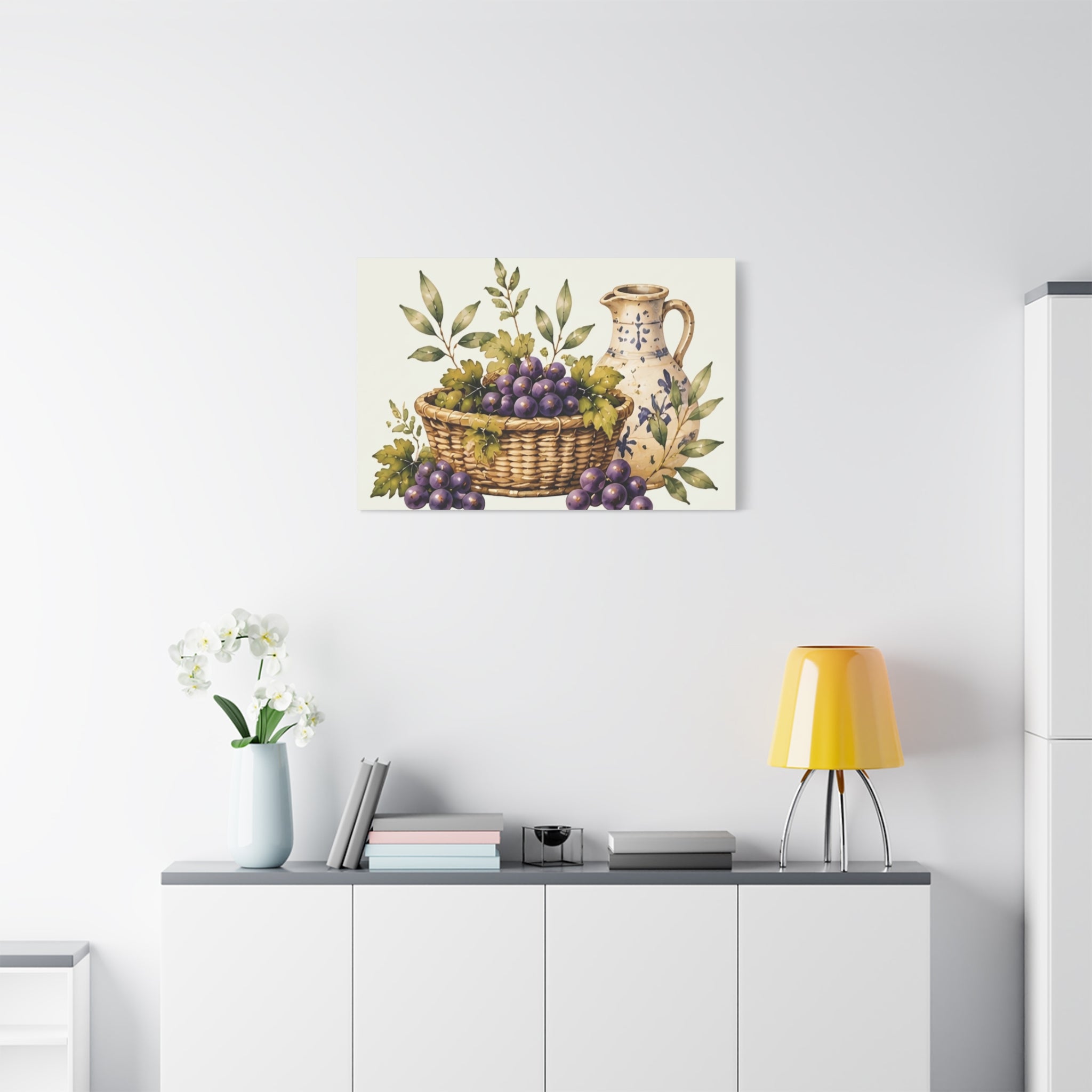 Grapes & Pitcher Matte Canvas Wall Art, Rustic Tuscan Kitchen Decor, Vintage Fruit Still Life Print, Dining Room Art, Solen