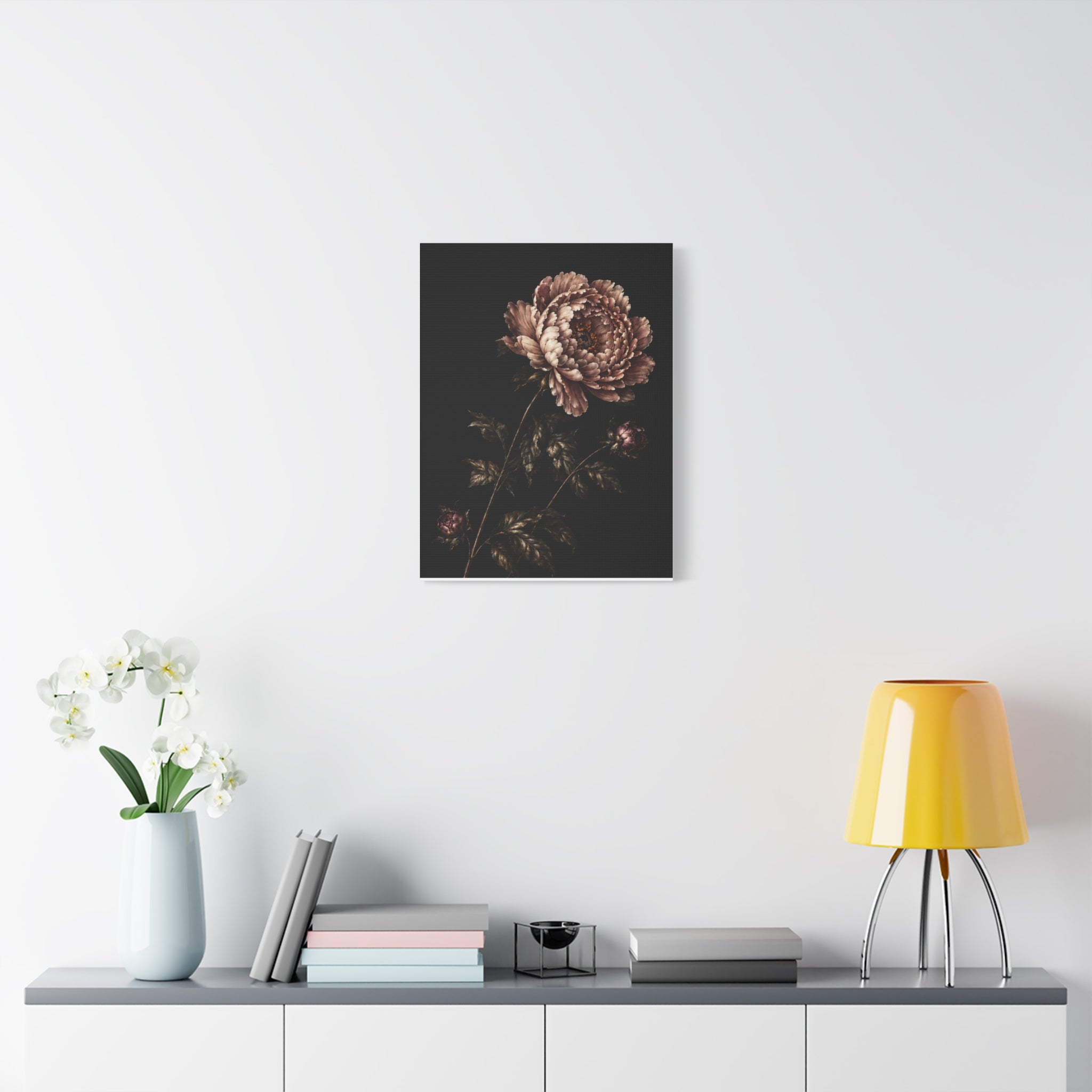 Blush Peony Canvas Wall Art, Velvet Botanical Print on Black, Romantic Floral Painting, Elegant Peony Wall Decor, Solen