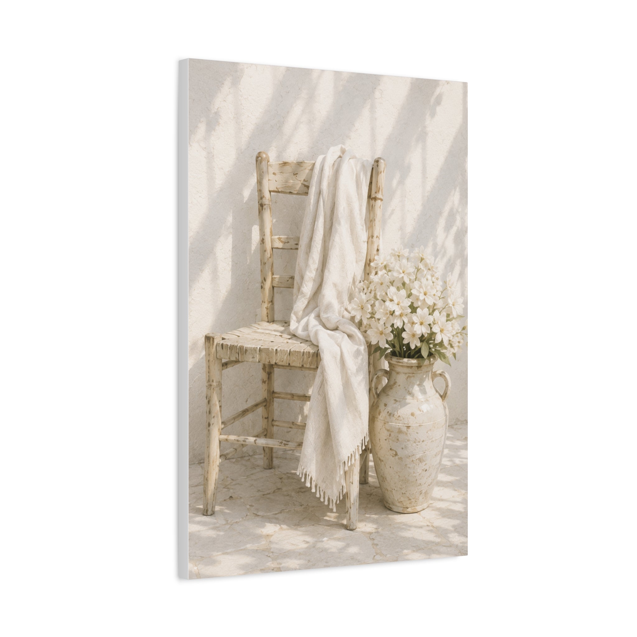 Neutral Cottage Chair Canvas Print, Rustic Chair with Vase Wall Art, Minimalist Mediterranean Decor, Beige Cottage Art, Solen