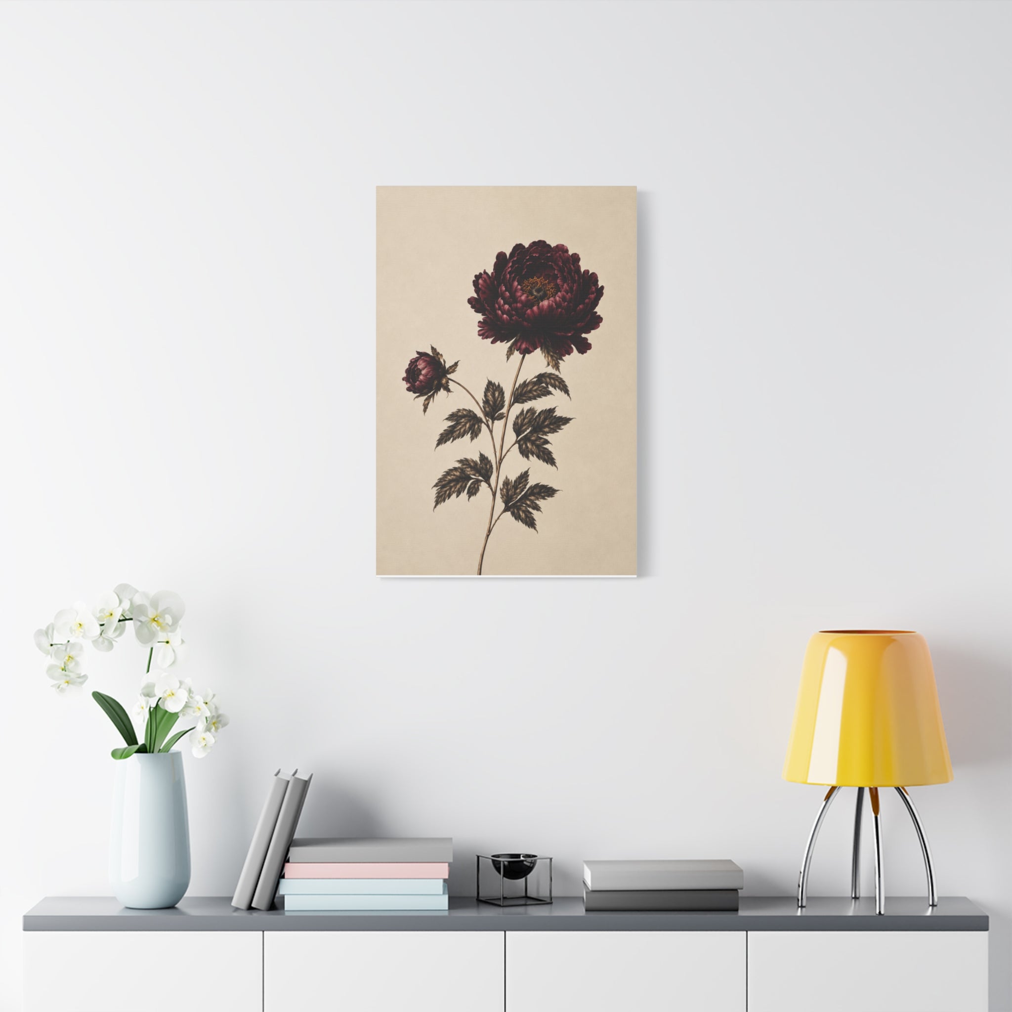 Vintage Botanical Canvas Print, Burgundy Chrysanthemum Wall Art, Dark Academia Floral Decor, Moody Antique Flower Art, Solen