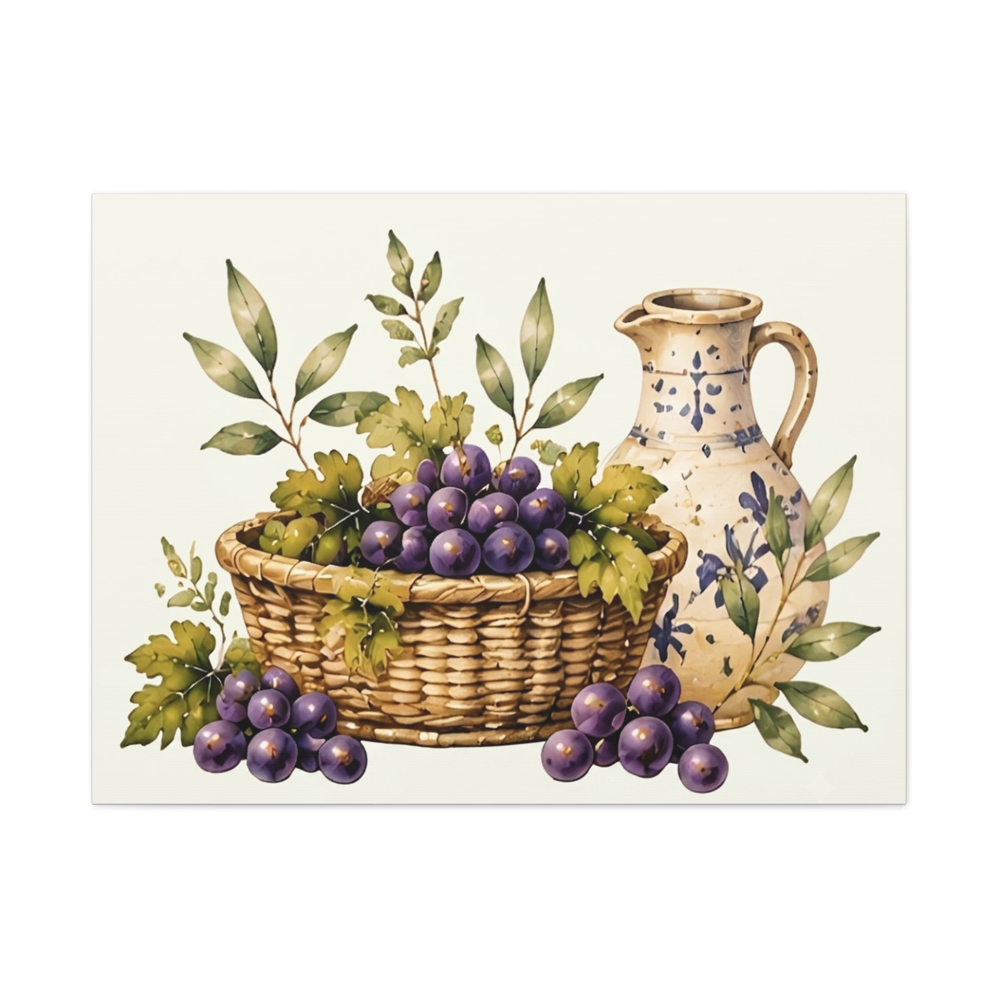 Grapes & Pitcher Matte Canvas Wall Art, Rustic Tuscan Kitchen Decor, Vintage Fruit Still Life Print, Dining Room Art, Solen