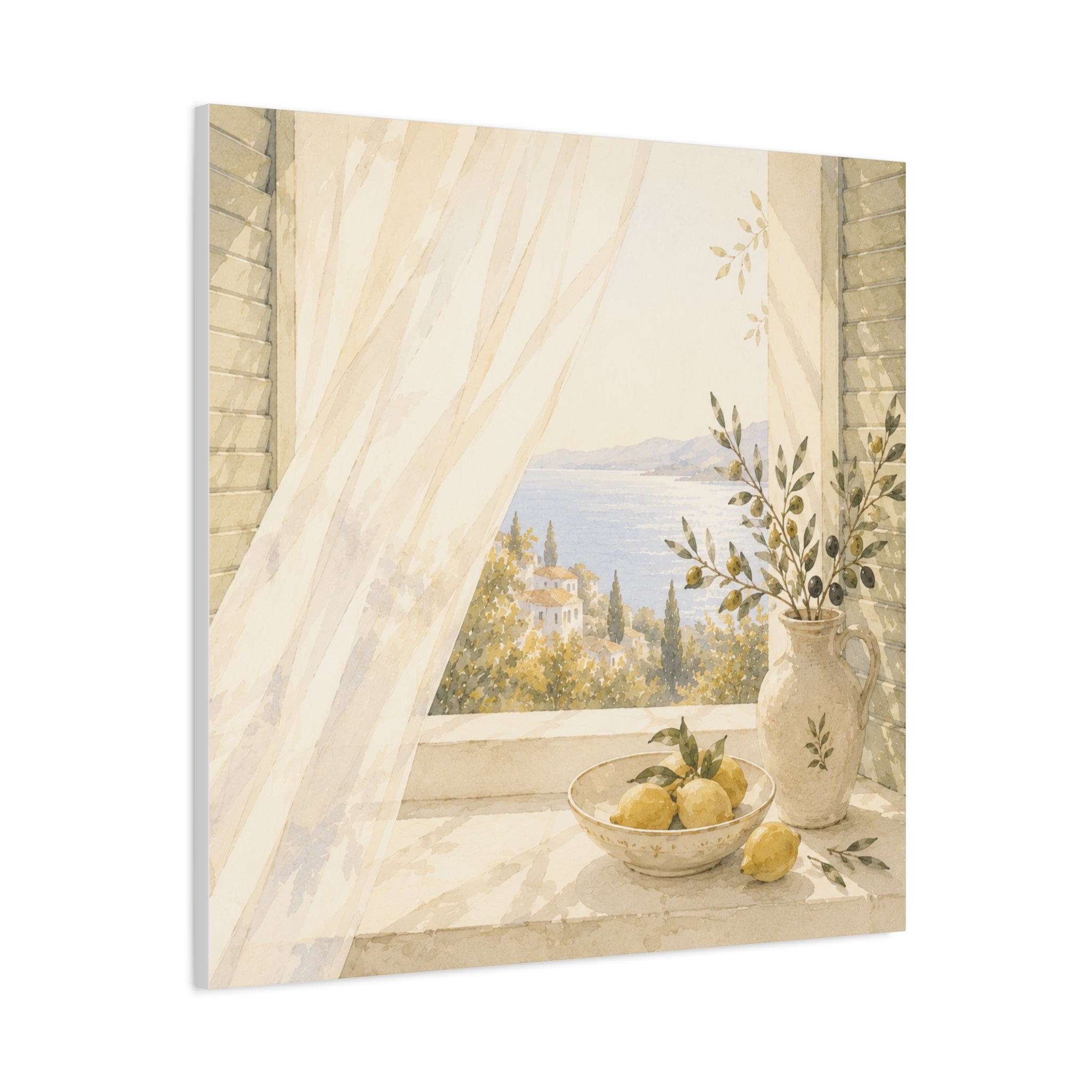 Golden Morning Window Canvas Wall Art, Mediterranean Lemon & Olive Print, Sunlit Linen Curtain Coastal Decor, Window Stories, Solen