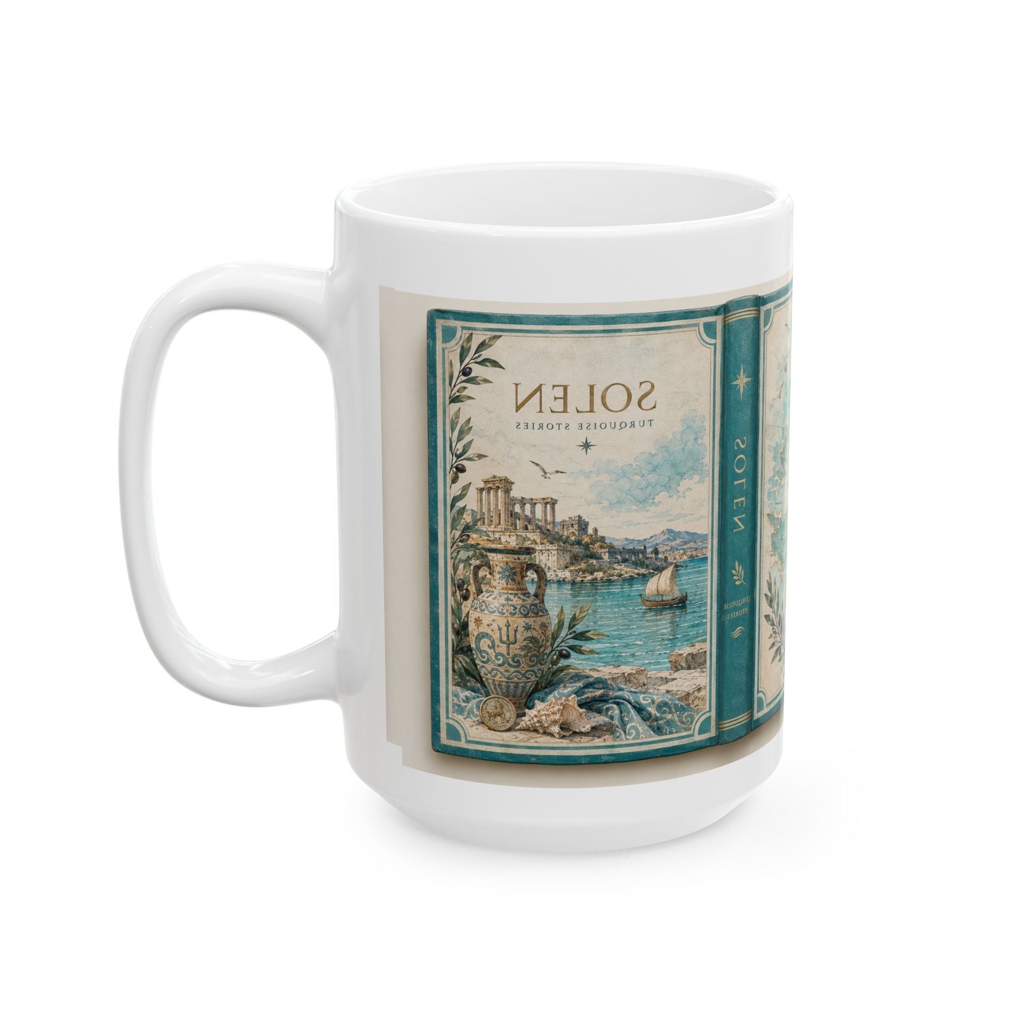 Mediterranean Vintage Label Ceramic Mug, Coastal Coffee Cup, Retro Kitchen Decor, Gift for Coffee Lovers, Solen