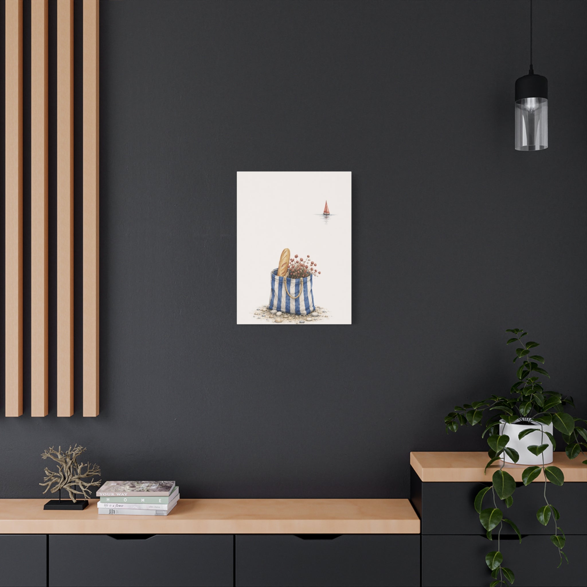 Market Bag by the Sea Canvas Print – Blue & Salt Mediterranean Kitchen Wall Art | Solen