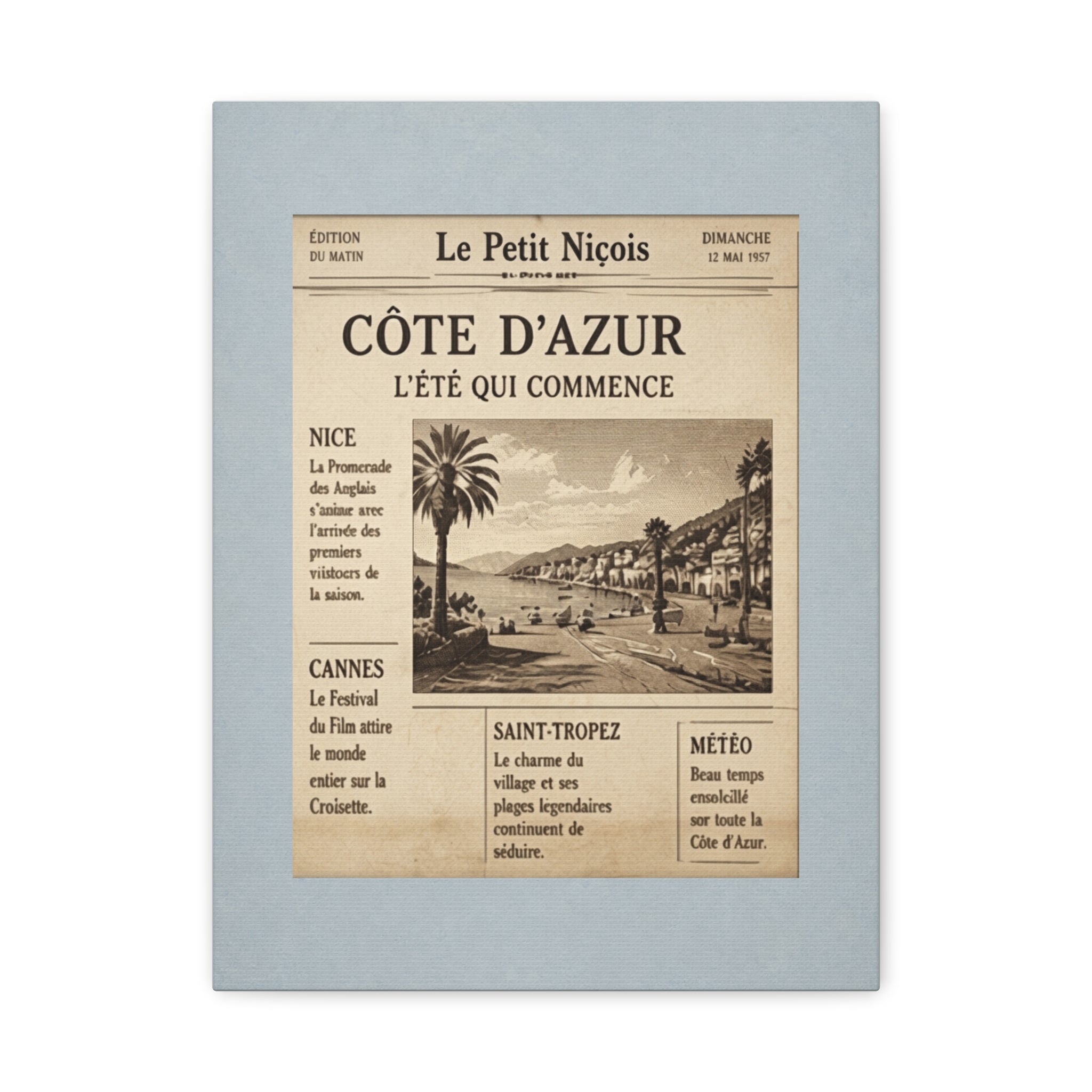 Côte d'Azur Vintage Newspaper Canvas, French Riviera Wall Art, Retro Collage Print, Provence Mid Century Decor, Solen
