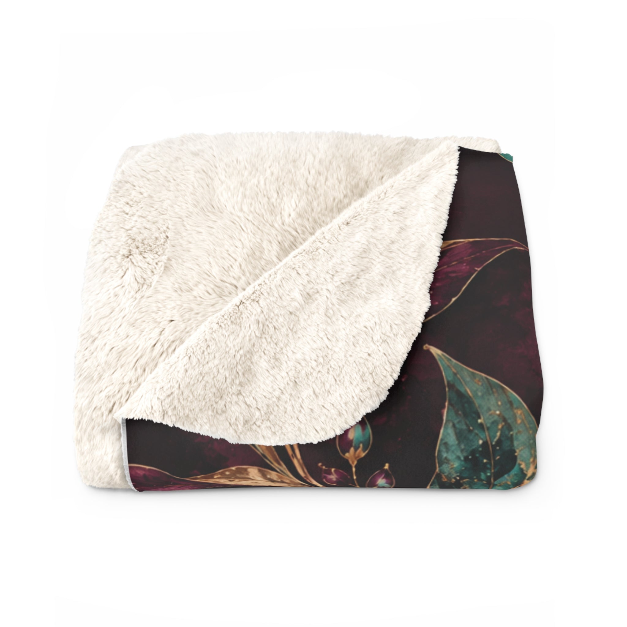 Burgundy Botanical Sherpa Fleece Blanket, Teal Gold Leaf Throw, Cozy Plush Blanket for Couch Bed, Housewarming Gift, Fall Home Decor
