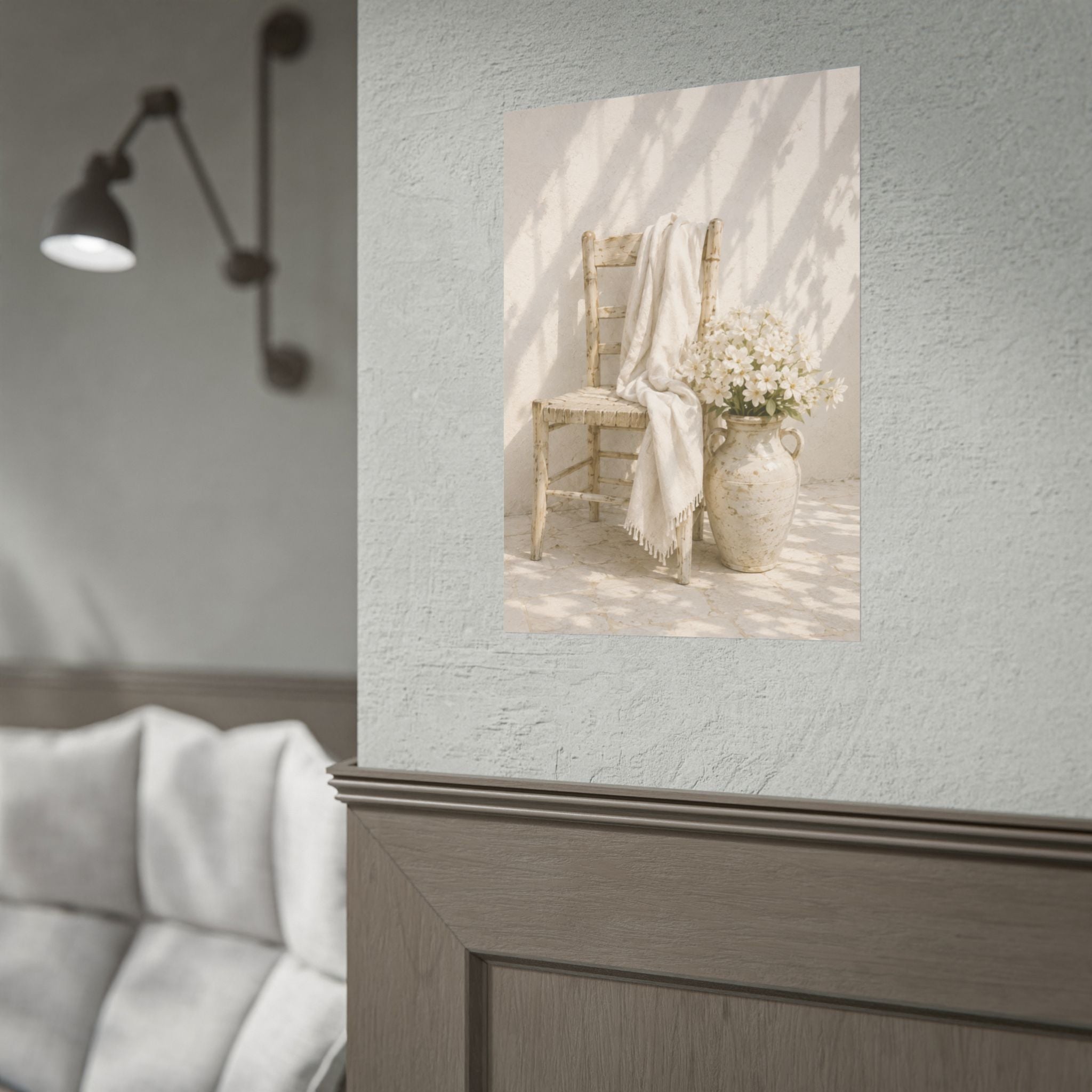 Mediterranean Poster, Neutral Coastal Wall Art, Rustic Chair & White Flowers Print, Minimalist Mediterranean Home Decor, Solen