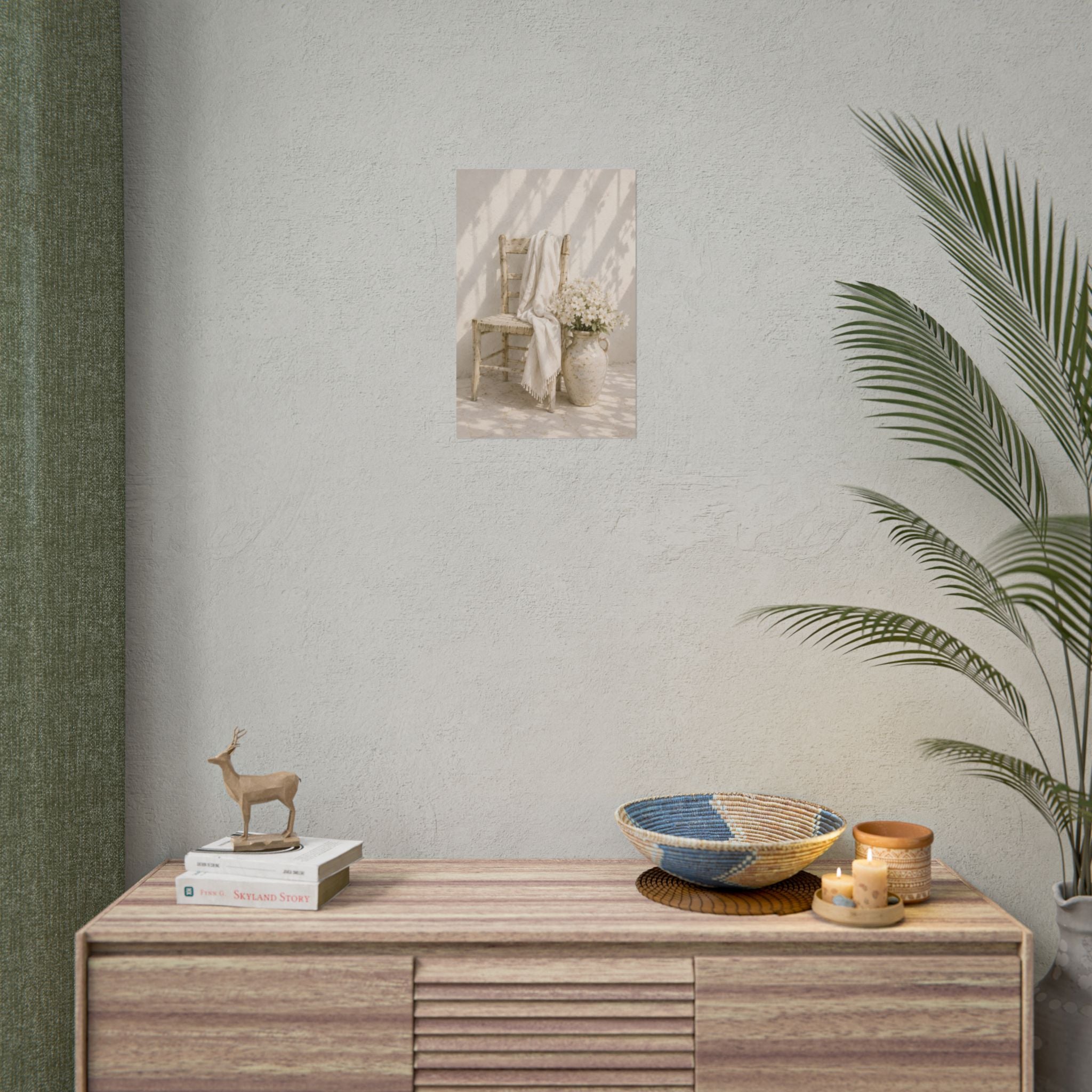 Mediterranean Poster, Neutral Coastal Wall Art, Rustic Chair & White Flowers Print, Minimalist Mediterranean Home Decor, Solen
