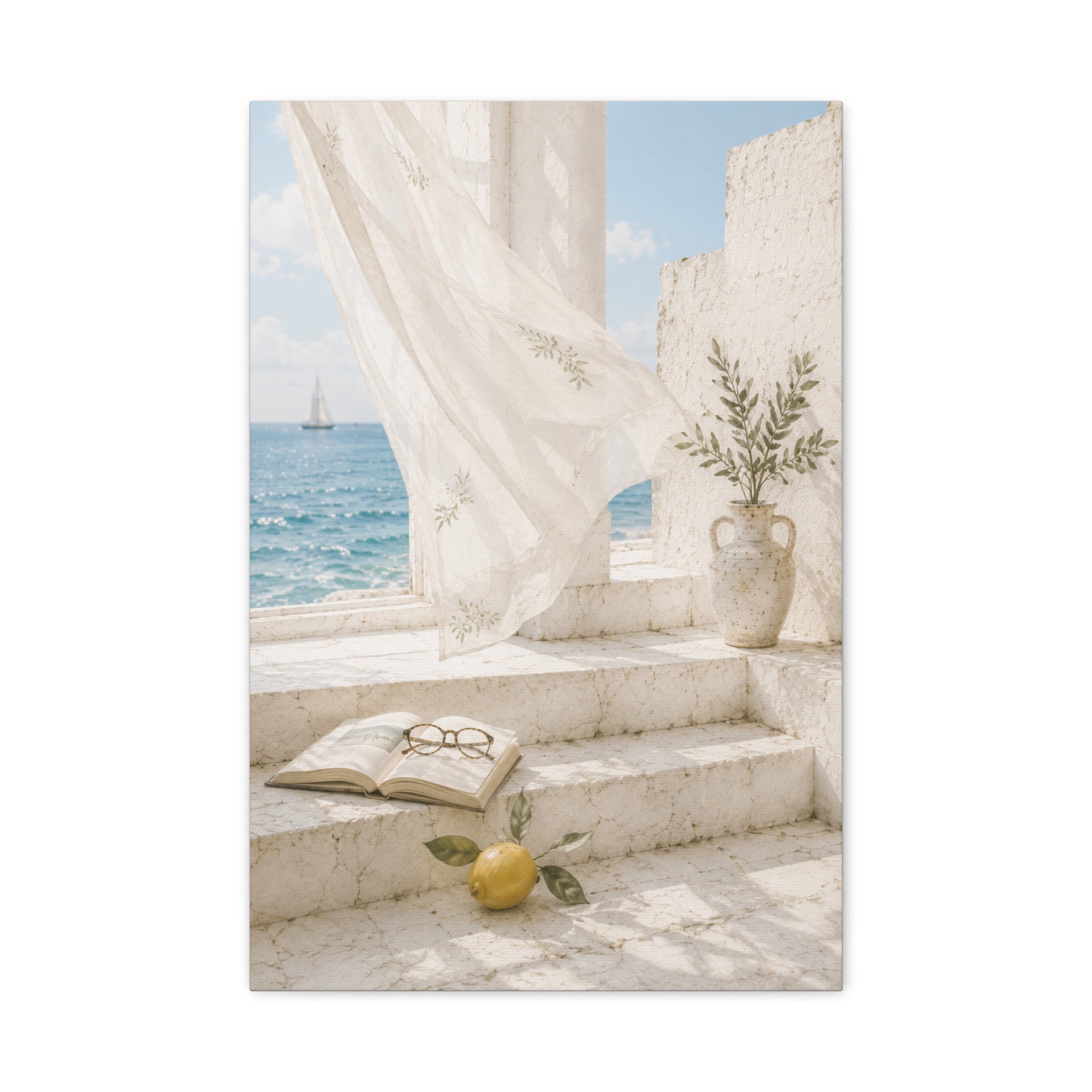 Mediterranean Coastal Wall Art, Seaside Summer Print, Blue Ocean & Lemon Art, Mediterranean Home Decor, Coastal Wall Decor, Solen