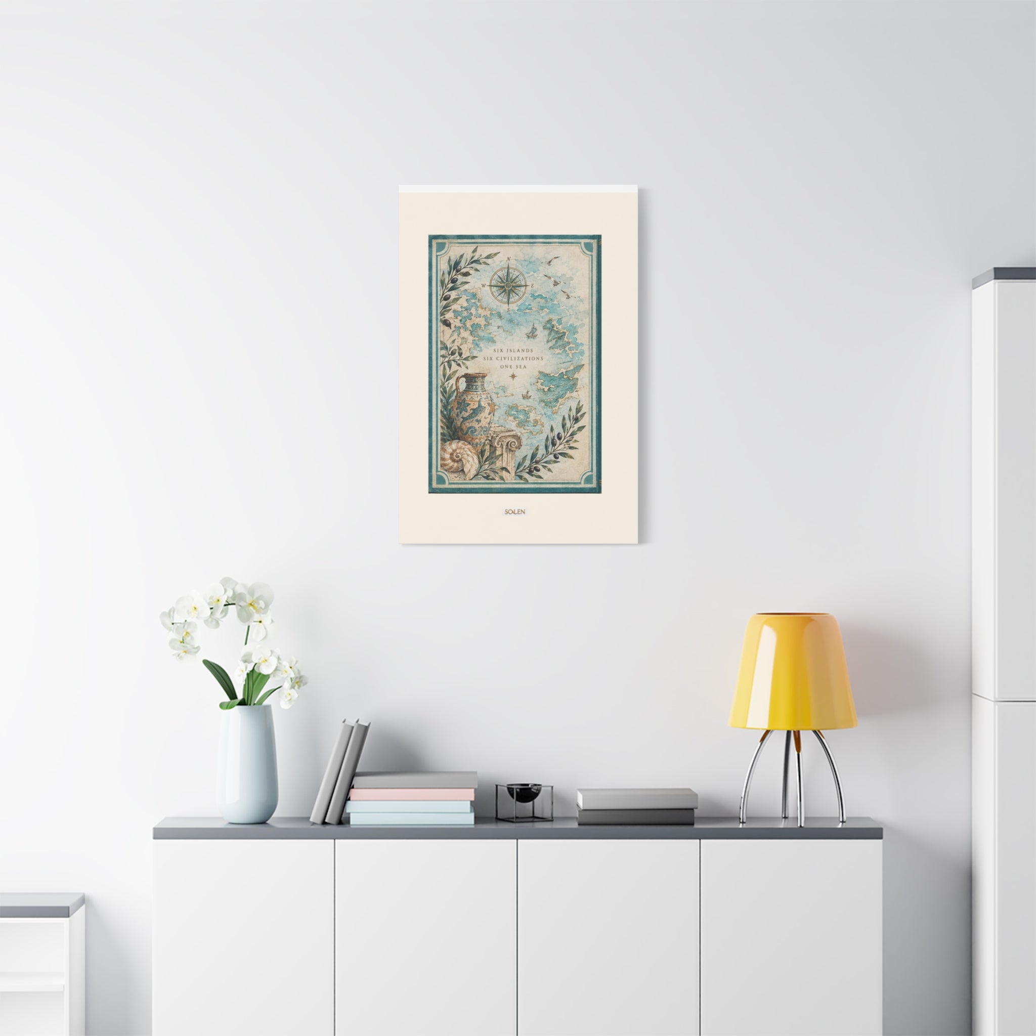 Coastal Map Canvas Print, Six Islands Mediterranean Wall Art, Vintage Sea Chart Decor, Ancient Civilizations Map Art, Solen