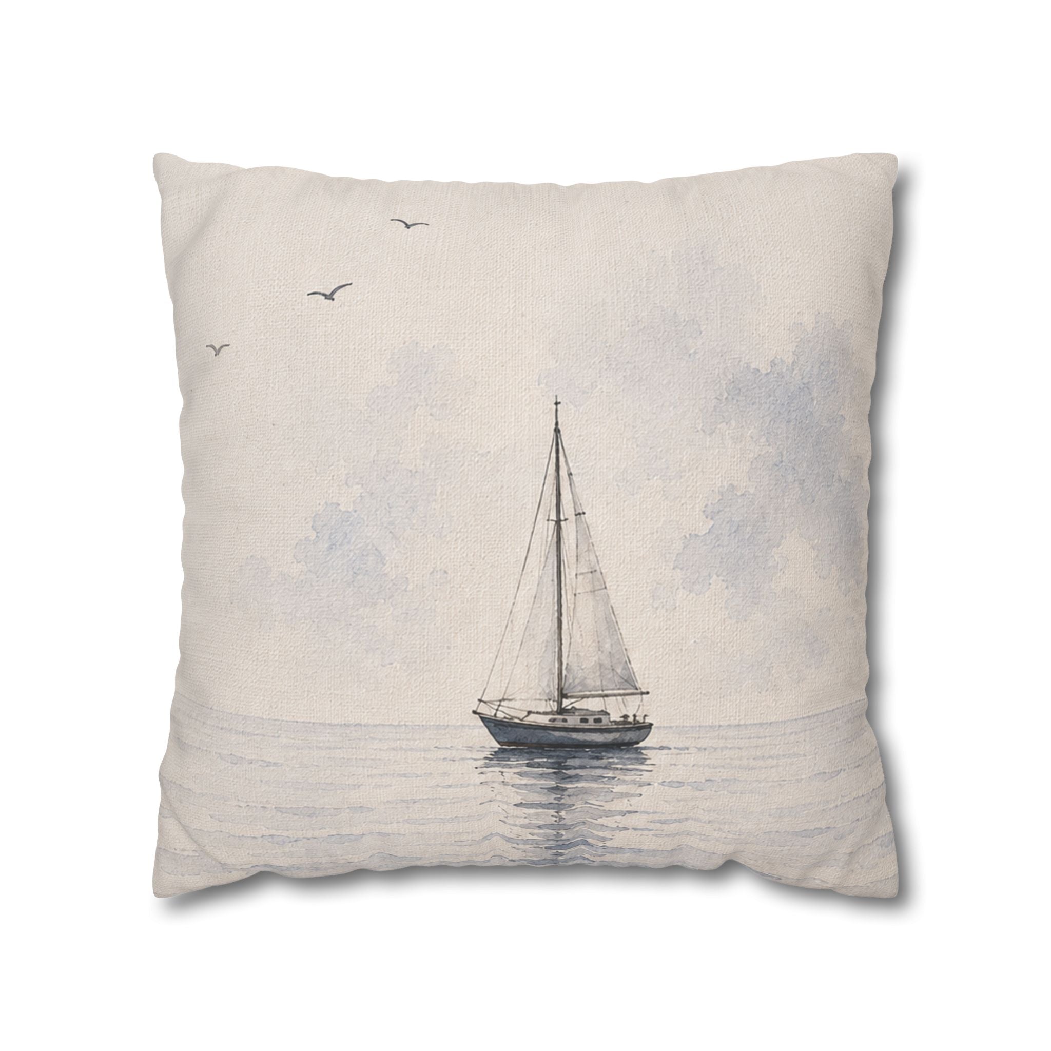 Watercolor Sailboat Throw Pillow Cover, Misty Blue Coastal Nautical Cushion, Muted Sailing Scene Home Decor, Square Pillow, Solen