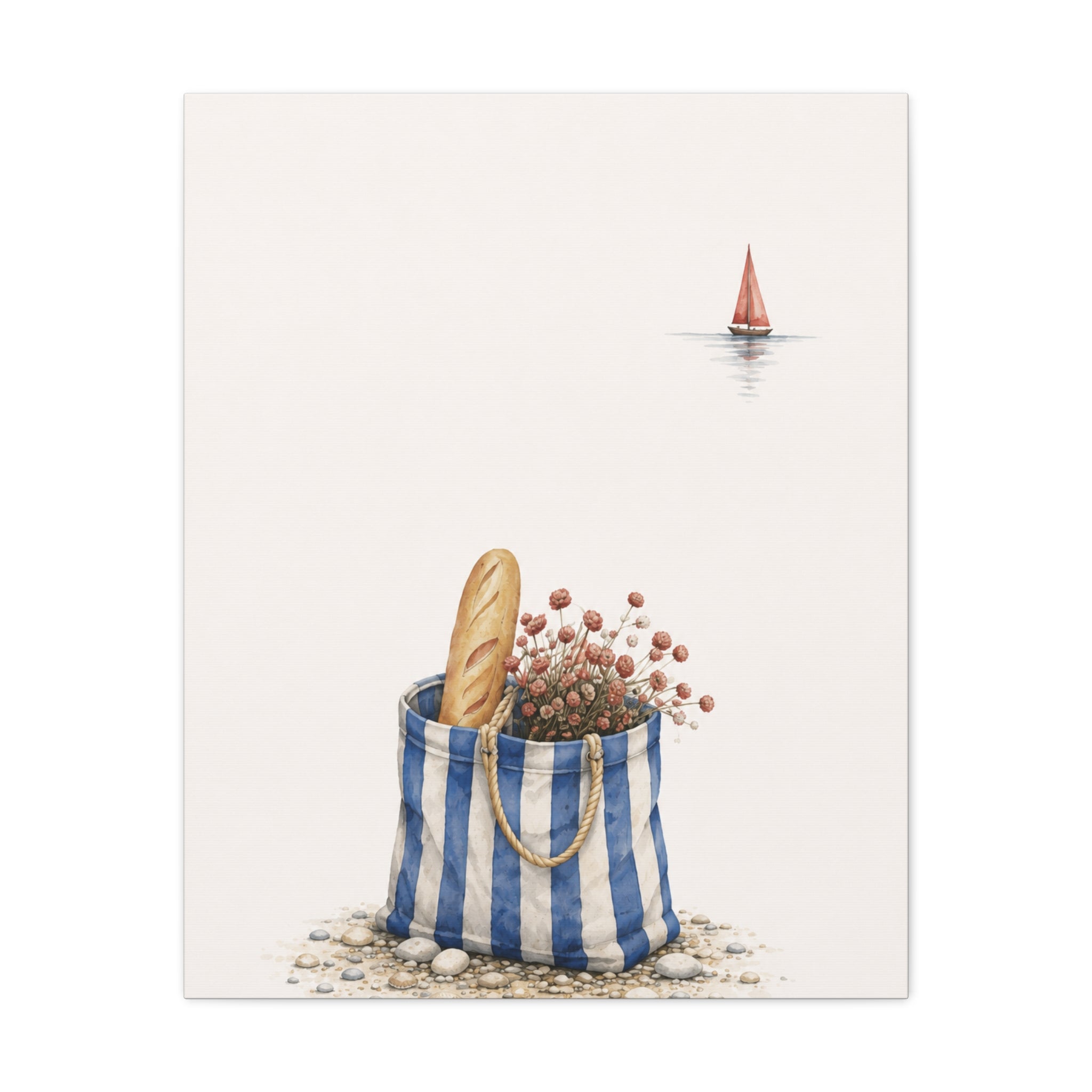 Market Bag by the Sea Canvas Print – Blue & Salt Mediterranean Kitchen Wall Art | Solen