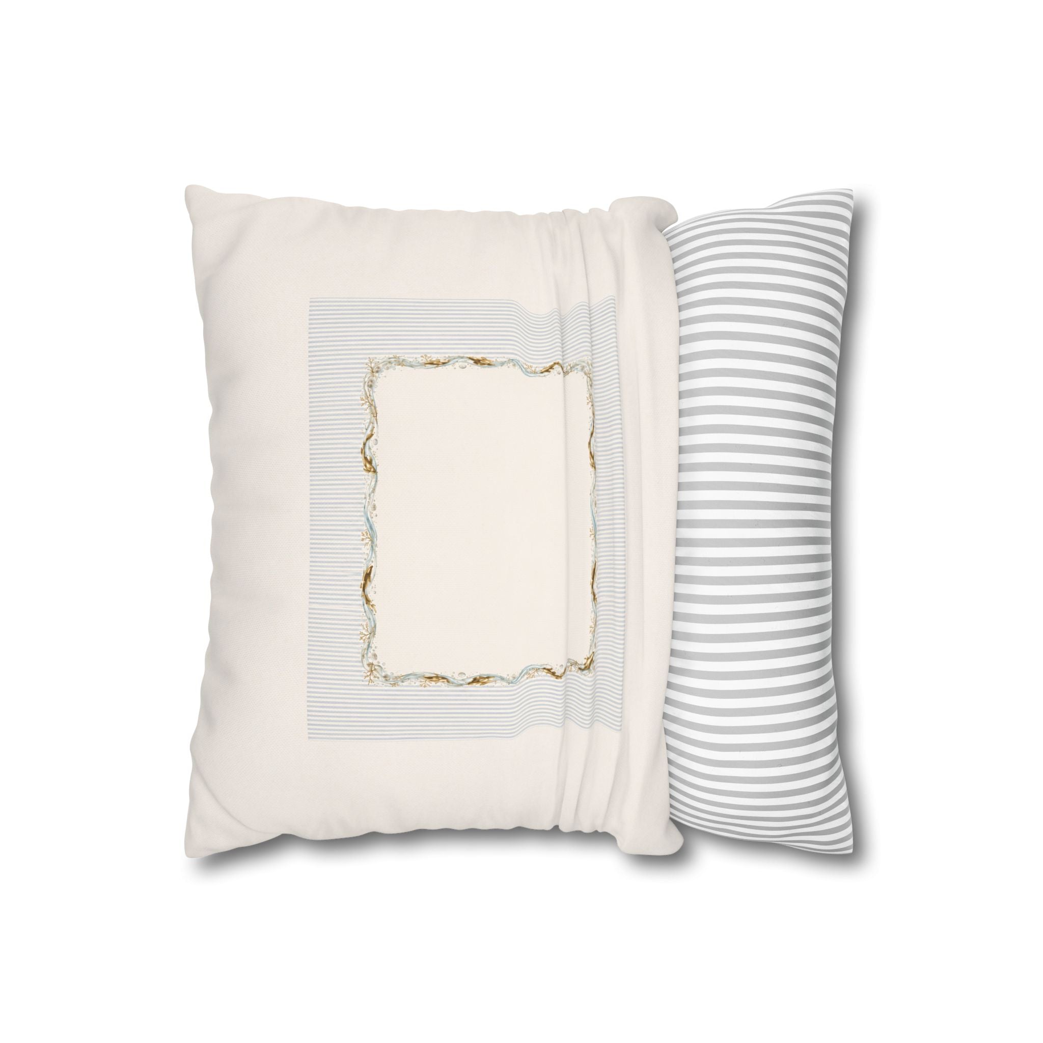 Embroidered Scalloped Edge Throw Pillow Cover, Blue & Gold Trim Decorative Cushion, French Country Farmhouse Home Decor, Square Pillow