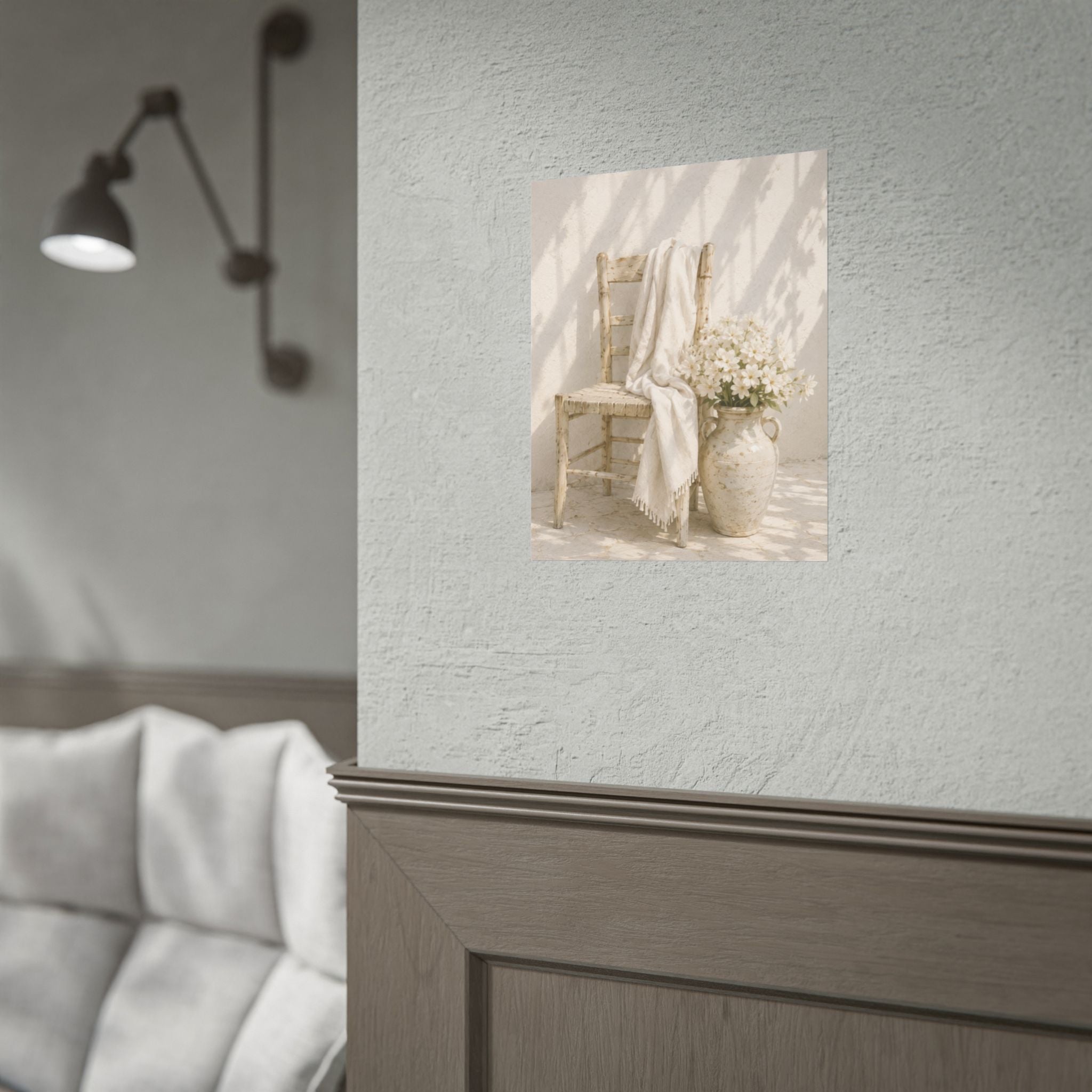 Mediterranean Poster, Neutral Coastal Wall Art, Rustic Chair & White Flowers Print, Minimalist Mediterranean Home Decor, Solen