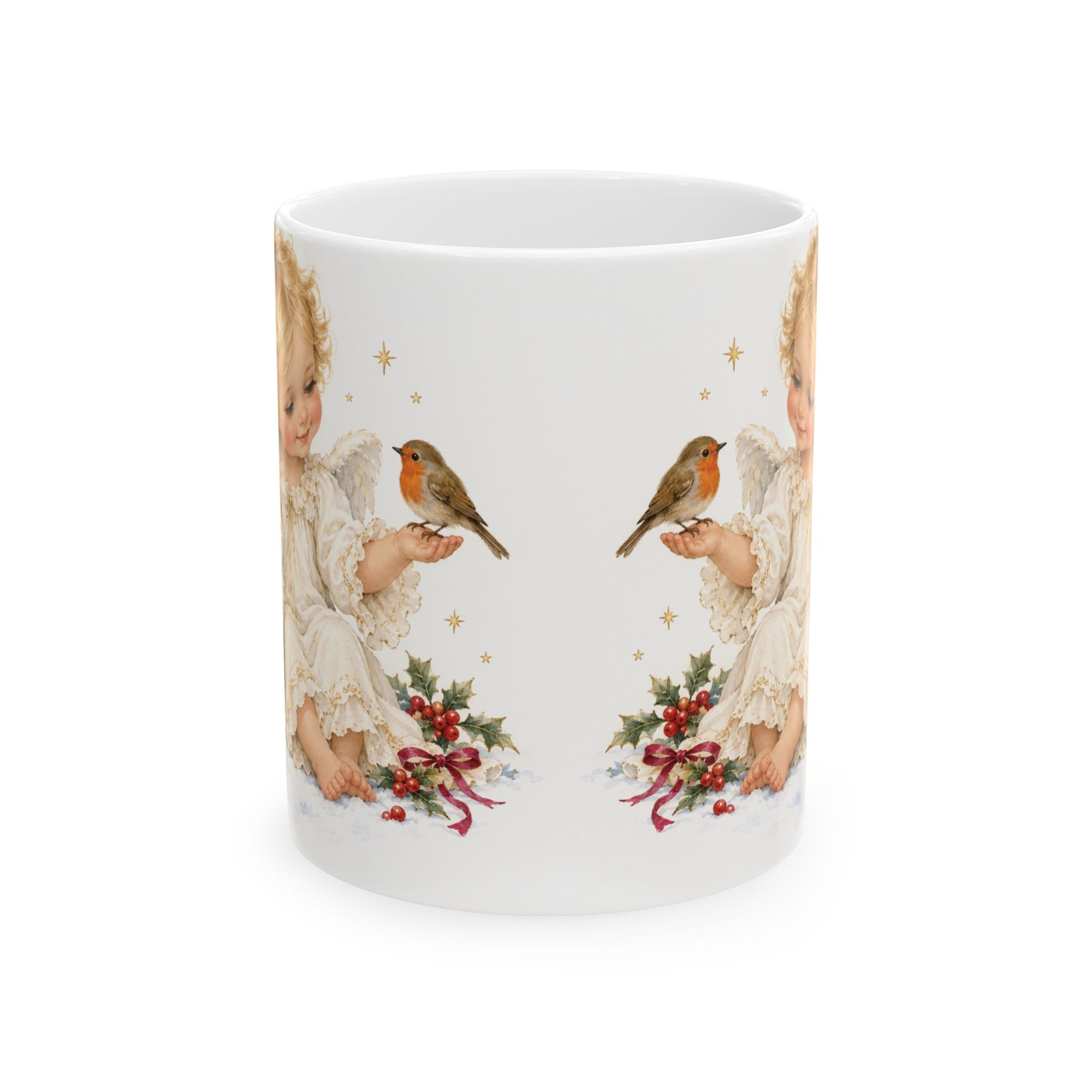 Angel & Robin Ceramic Mug — Vintage Christmas Holiday Coffee Cup (11oz, 15oz)