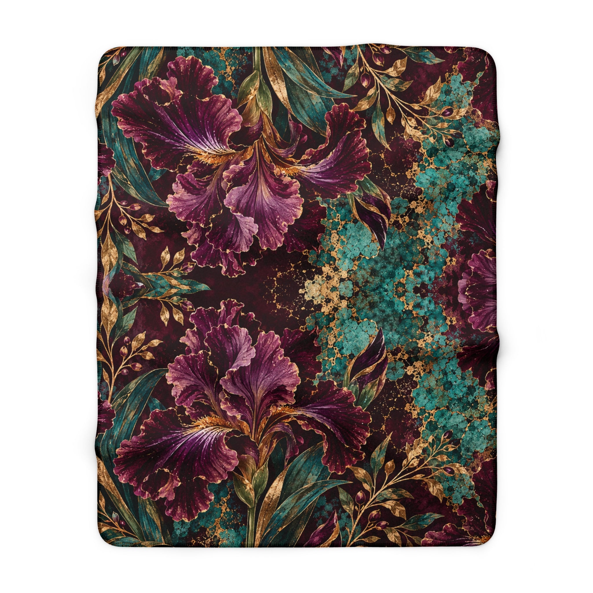 Floral Vintage Sherpa Blanket — Plush Purple Iris & Teal Botanical Throw