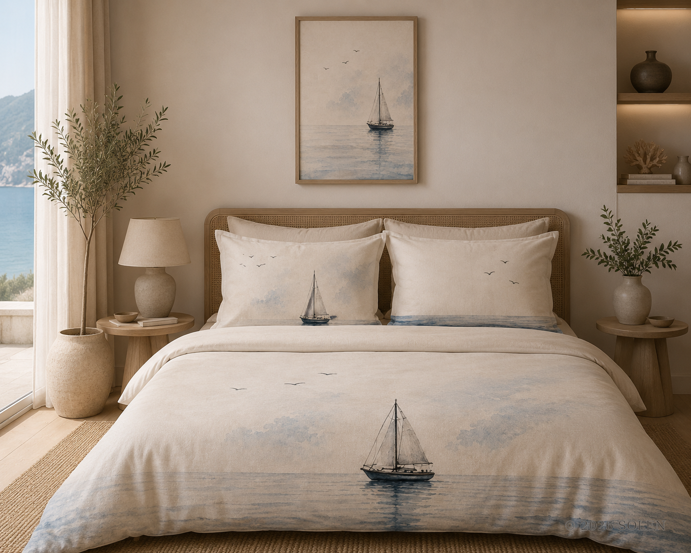 Sailboat cotton duvet cover set, coastal nautical bedroom, © 2026 SOLEN