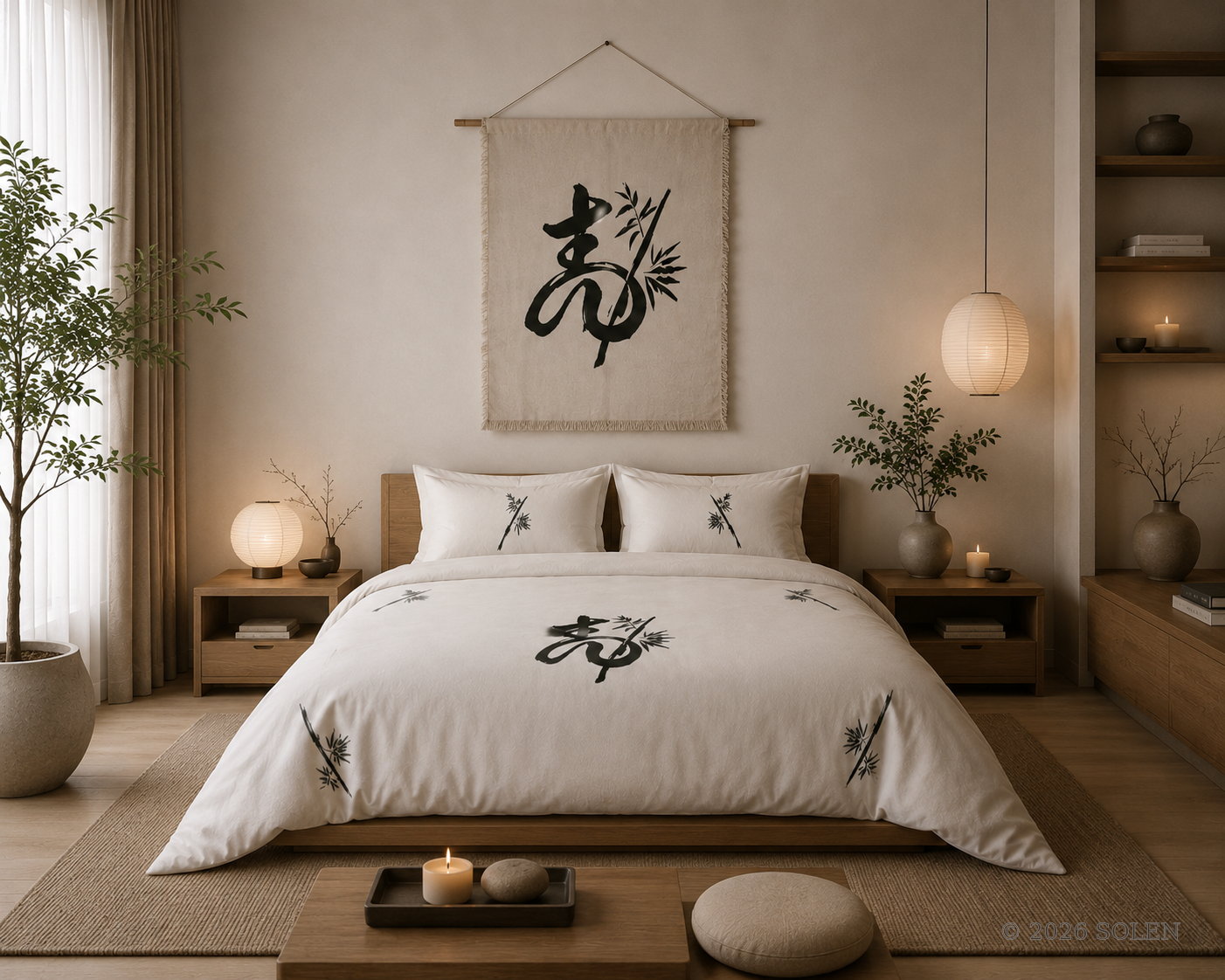 Japandi duvet cover set, minimalist zen bedding in black and white, © 2026 SOLEN