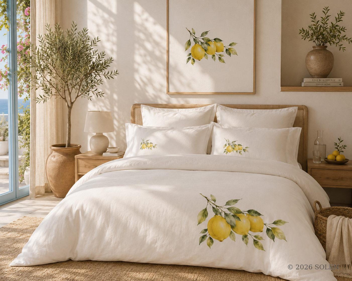 Lemon branch botanical duvet cover set, citrus cotton bedding, © 2026 SOLEN