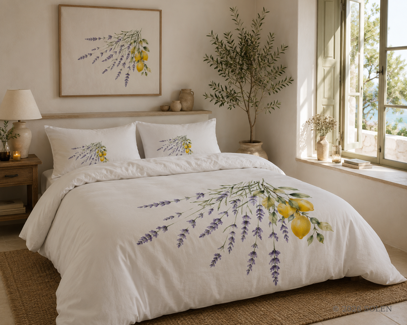 Mediterranean lemon and lavender bedding duvet cover, © 2026 SOLEN