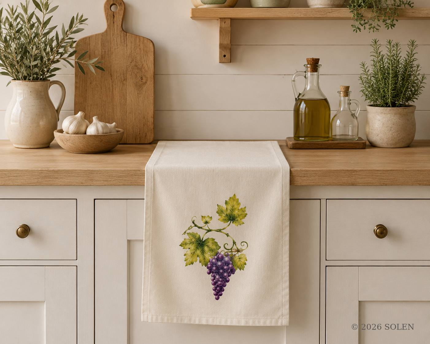Mediterranean watercolor grapes tea towel, vineyard kitchen towel, © 2026 SOLEN