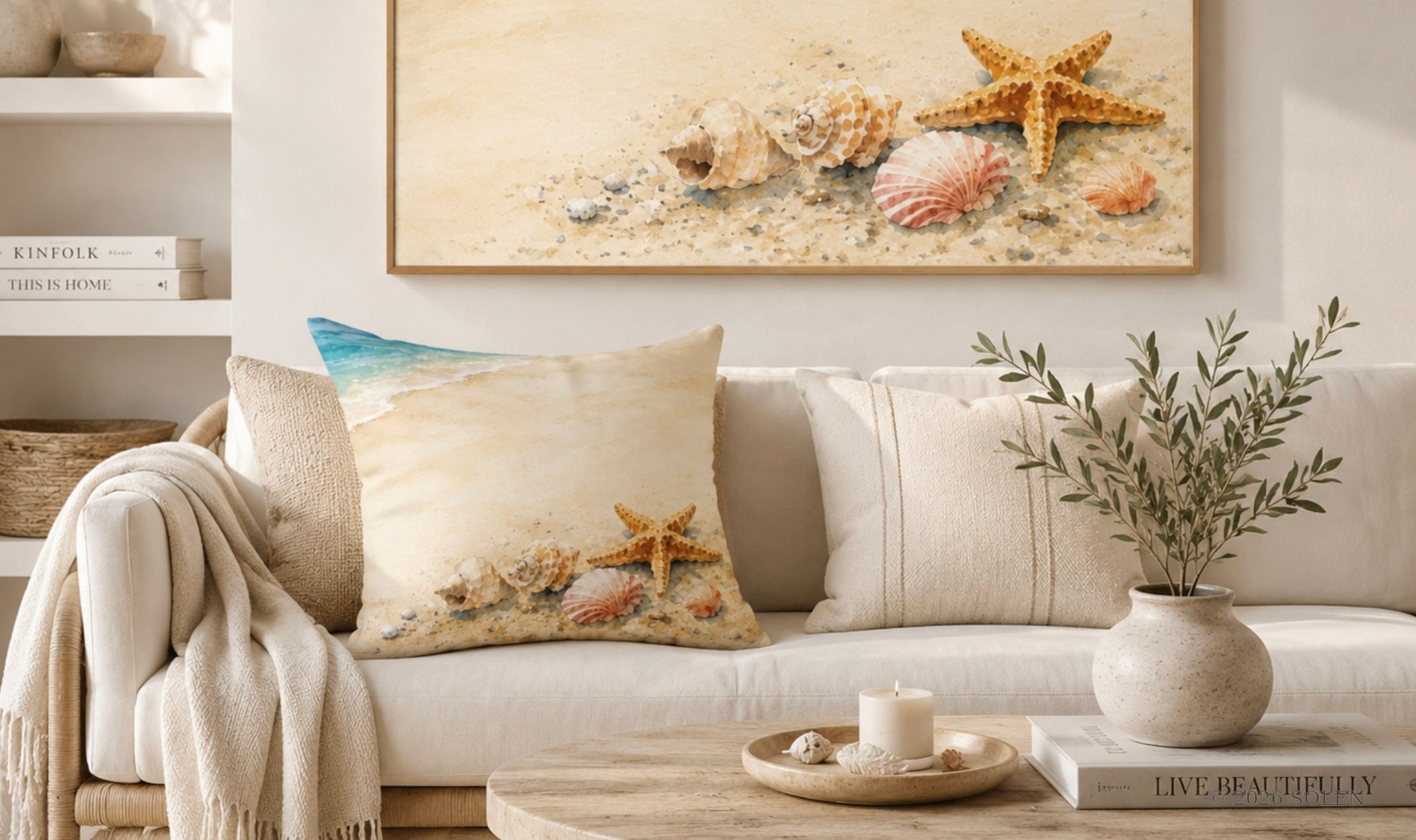 Seashell Memories decorative pillowcase, nautical coastal cushion, © 2026 SOLEN