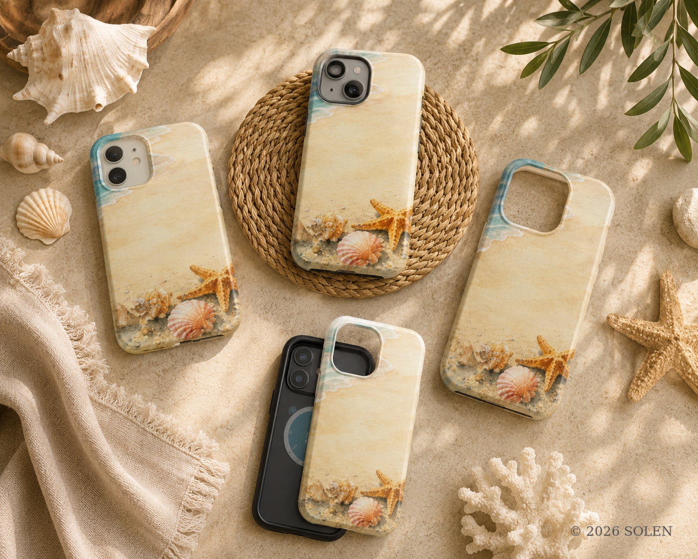 Seashell and starfish magnetic phone case, Mediterranean coastal design, © 2026 SOLEN