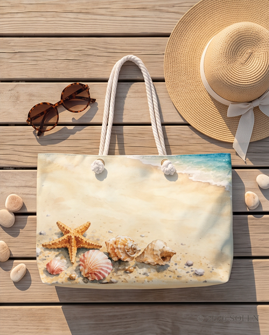 Mediterranean beach tote bag, seashell and starfish summer bag, © 2026 SOLEN