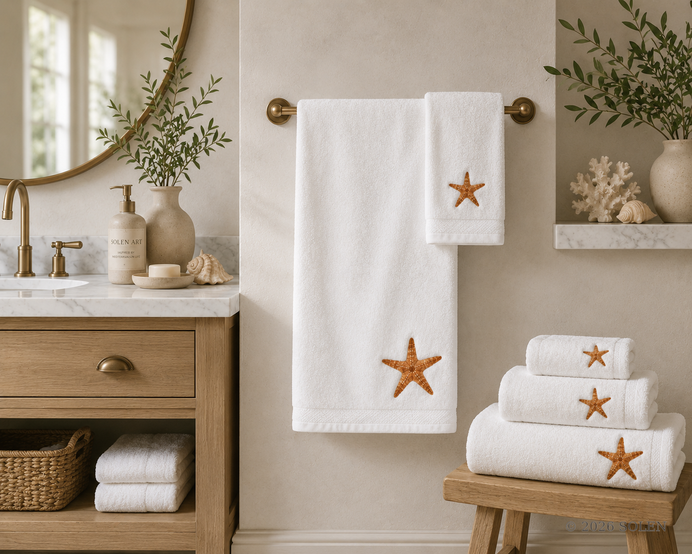Coastal starfish face towel, Mediterranean bathroom decor, © 2026 SOLEN