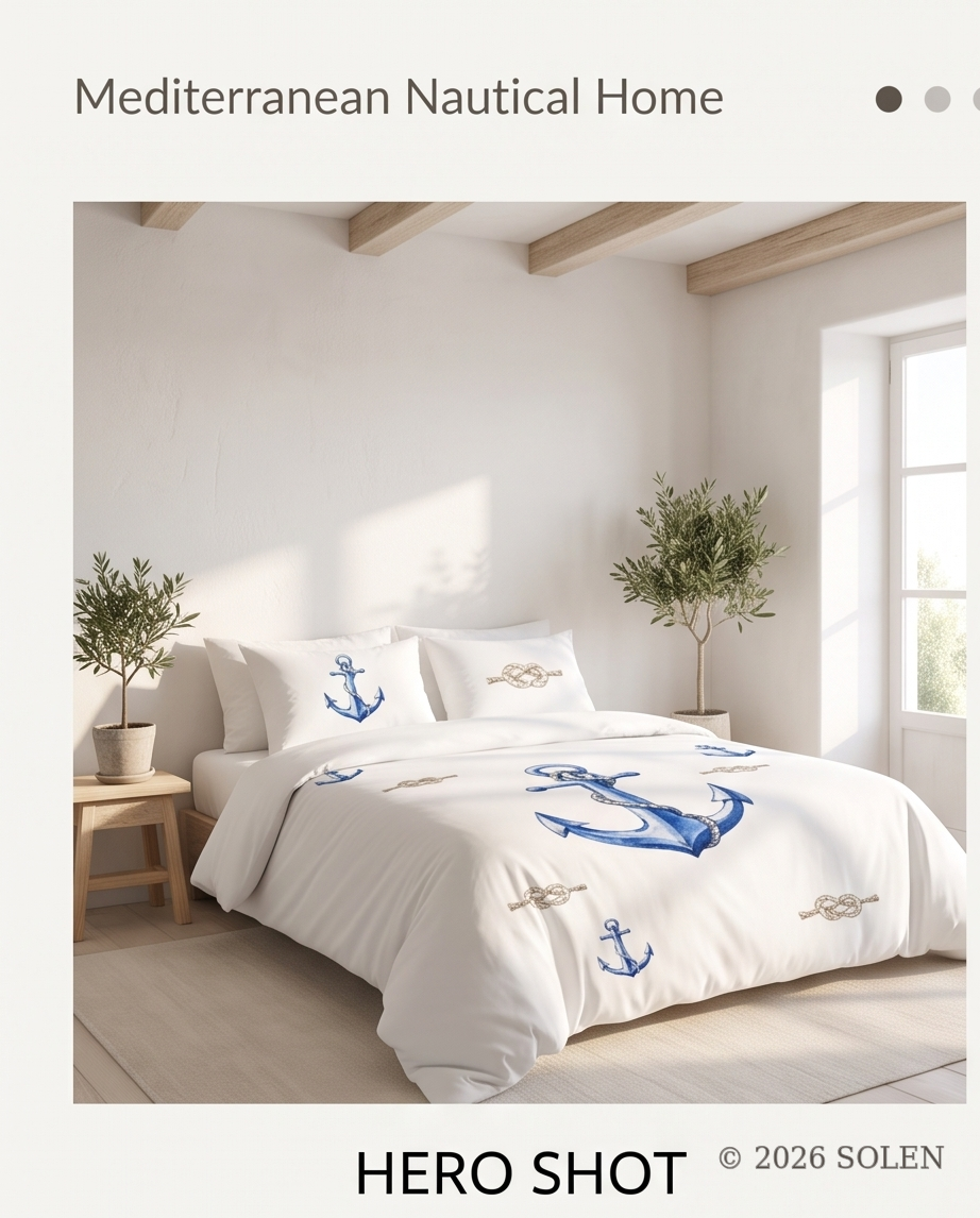 Nautical anchor cotton bed set, blue anchor and rope bedding, © 2026 SOLEN