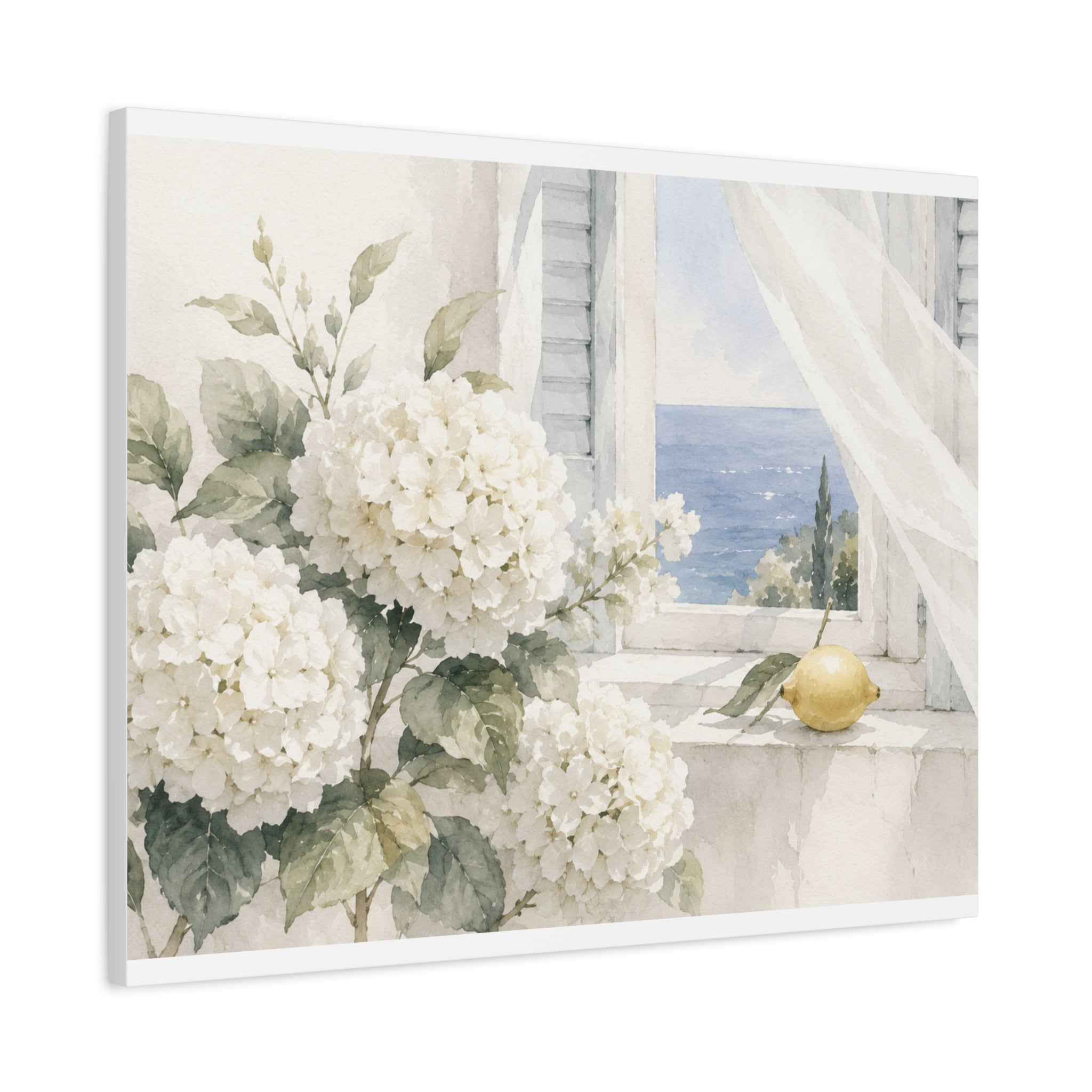 White Summer Window Canvas Wall Art, Hydrangea & Sea Watercolor Print, Coastal Cottage Bedroom Decor, Blue Seaside Art, Solen
